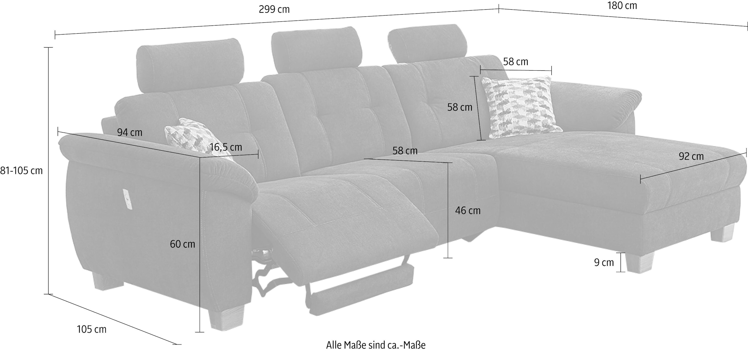 Jockenhöfer Gruppe Canapé d'angle »Savona L-Form, B: 299  cm« avec fonction relax électrique, USB, 2 coussins décoratifs & 3 appuie-têtes