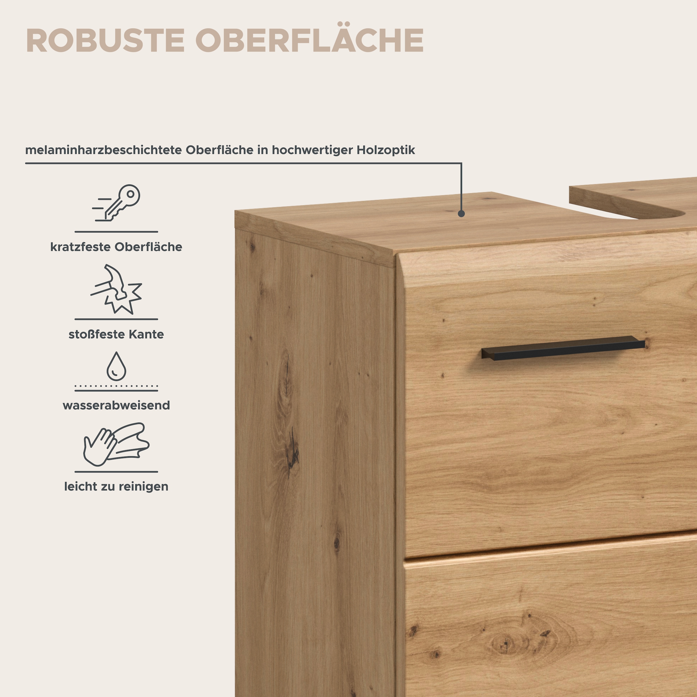 welltime Waschbeckenunterschrank »FLORENZ,  Breite 60cm, inkl. Siphonausschnitt, mit Türen oder Schüben« TOPSELLER!,  hochwertige MDF Front, Griff schwarz, Badschrank, Bad