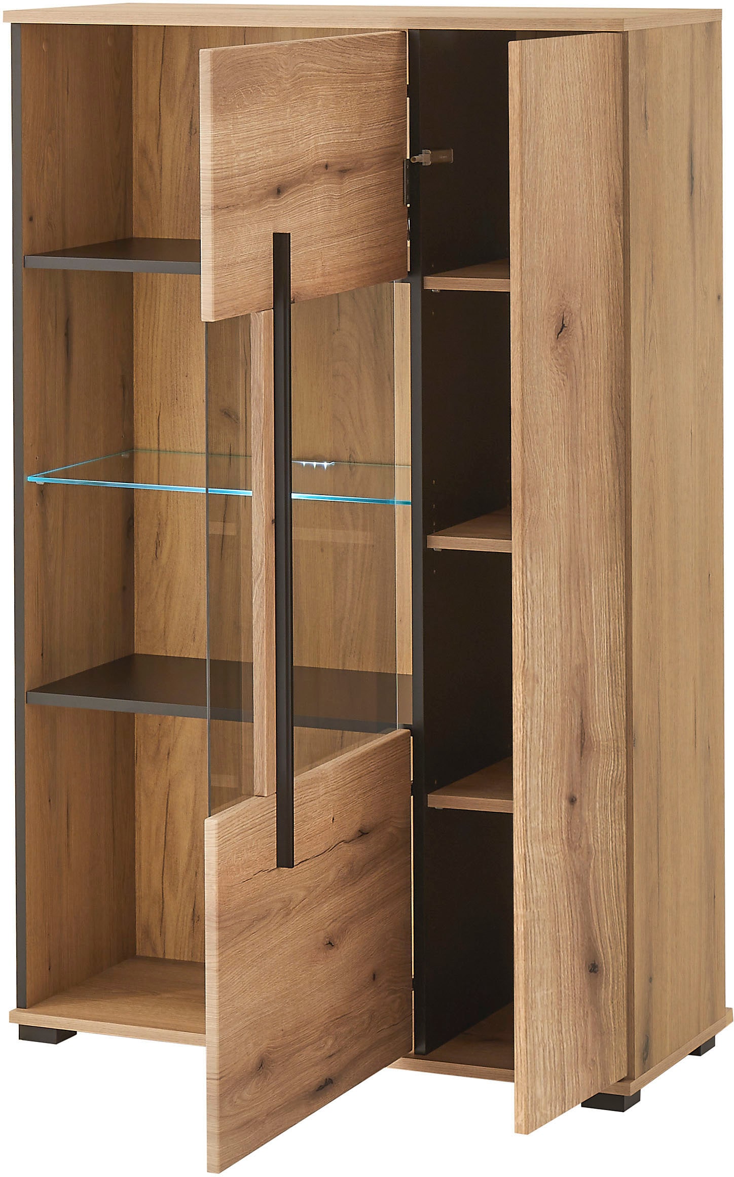 INOSIGN Vitrine »Cantara, Vitrinenschrank in Eiche Evoke oder weiss, Standvitrine«, schwarzer Stangengriff, ausreichend Stauraum, vielseitig einsetzbar