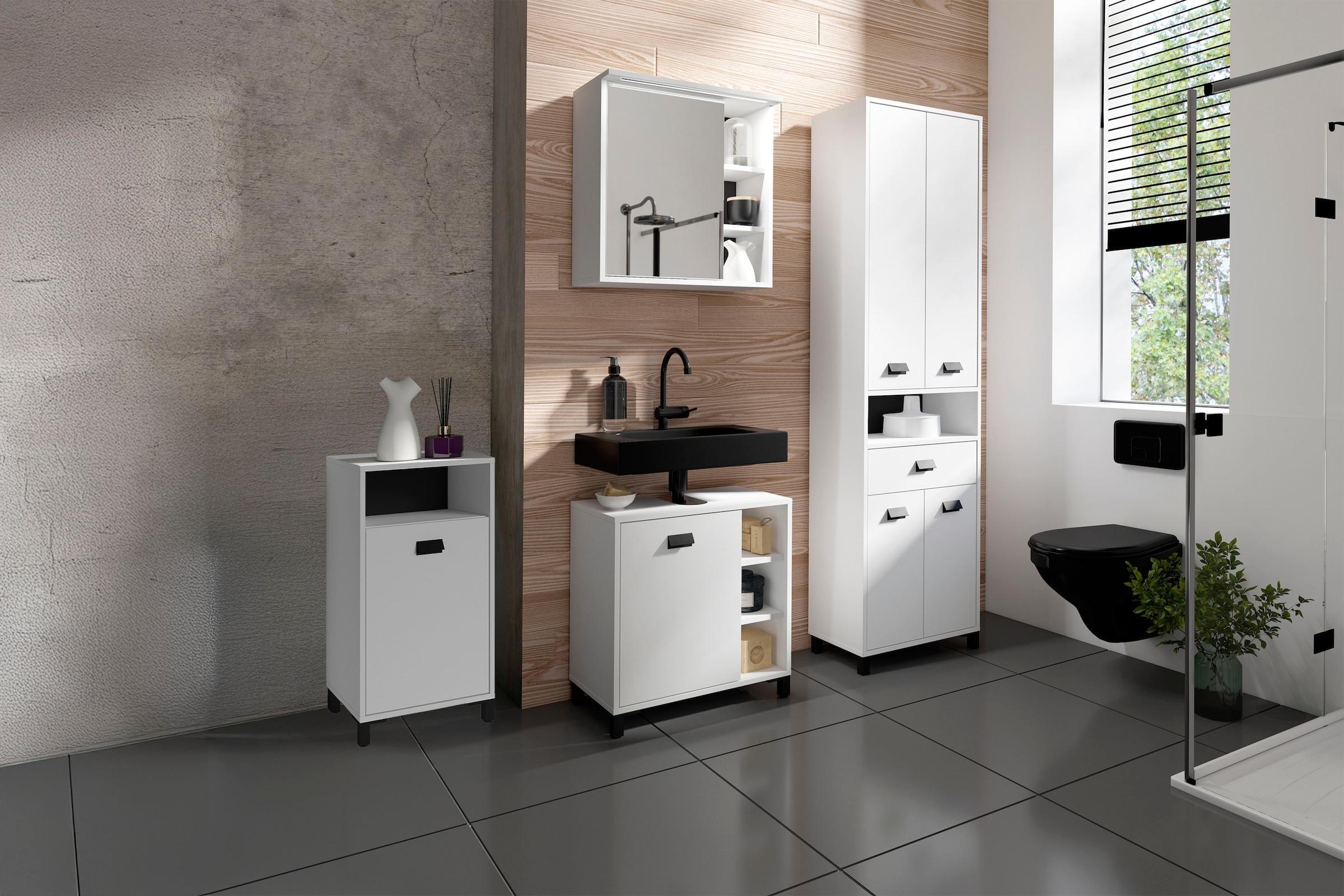 byLIVING Armoire haute »Wellness« Badezimmer Hochschrank mit 4 Türen und Schubkasten für viel Stauraum