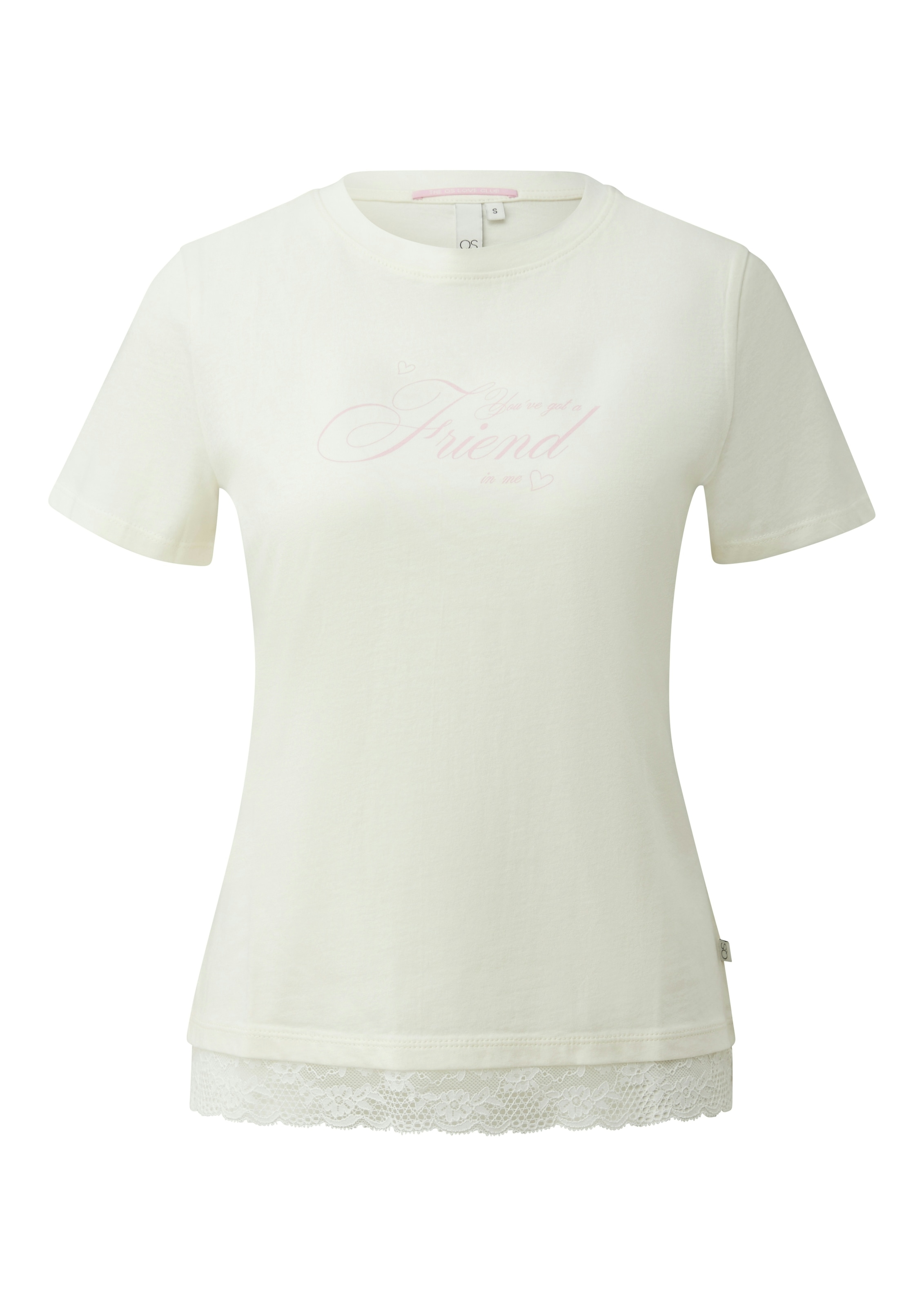QS Rundhalsshirt mit Letter-Print und Spitze am Saum