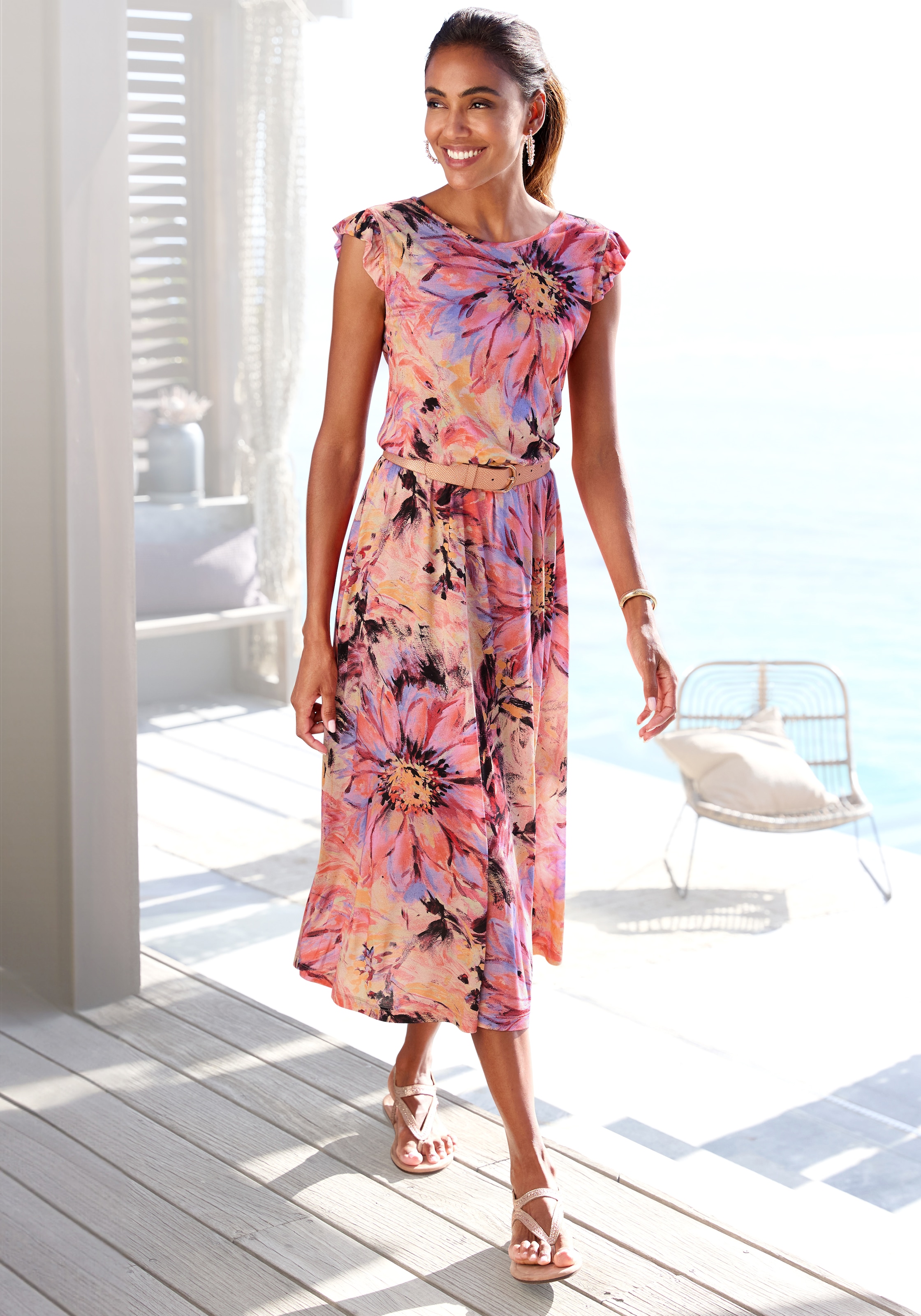 Image of LASCANA Midikleid "mit Rüschenärmeln und Blumendruck" Ohne Taschen leichtes Sommerkleid, Jerseykleid mit kurzen Ärmeln, feminin, festlich