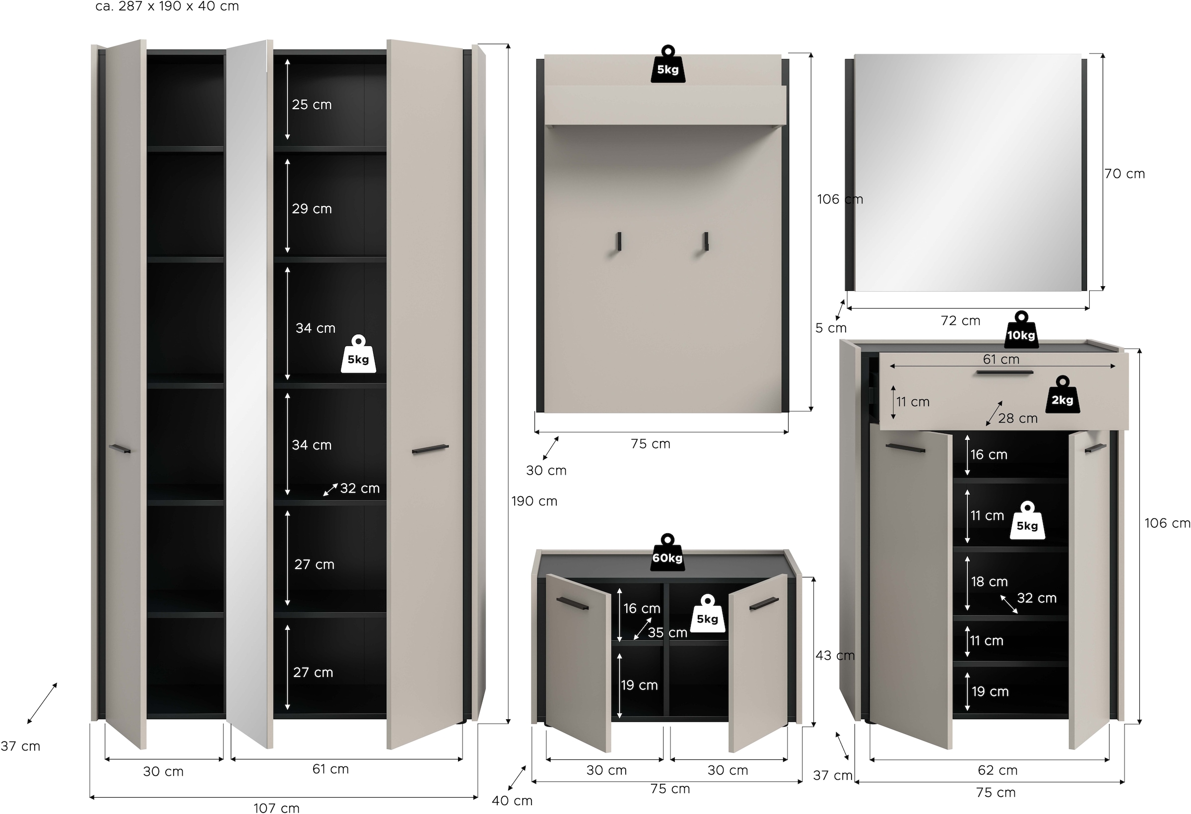 Home affaire Garderoben-Set »RAK, 5-teilige Garderoben-Kombination, Breite ca. 287 cm« Garderobenschrank, Sitzbank, Garderobenpaneel, Schuhkommode, Spiegel, 5 Stk. tlg.