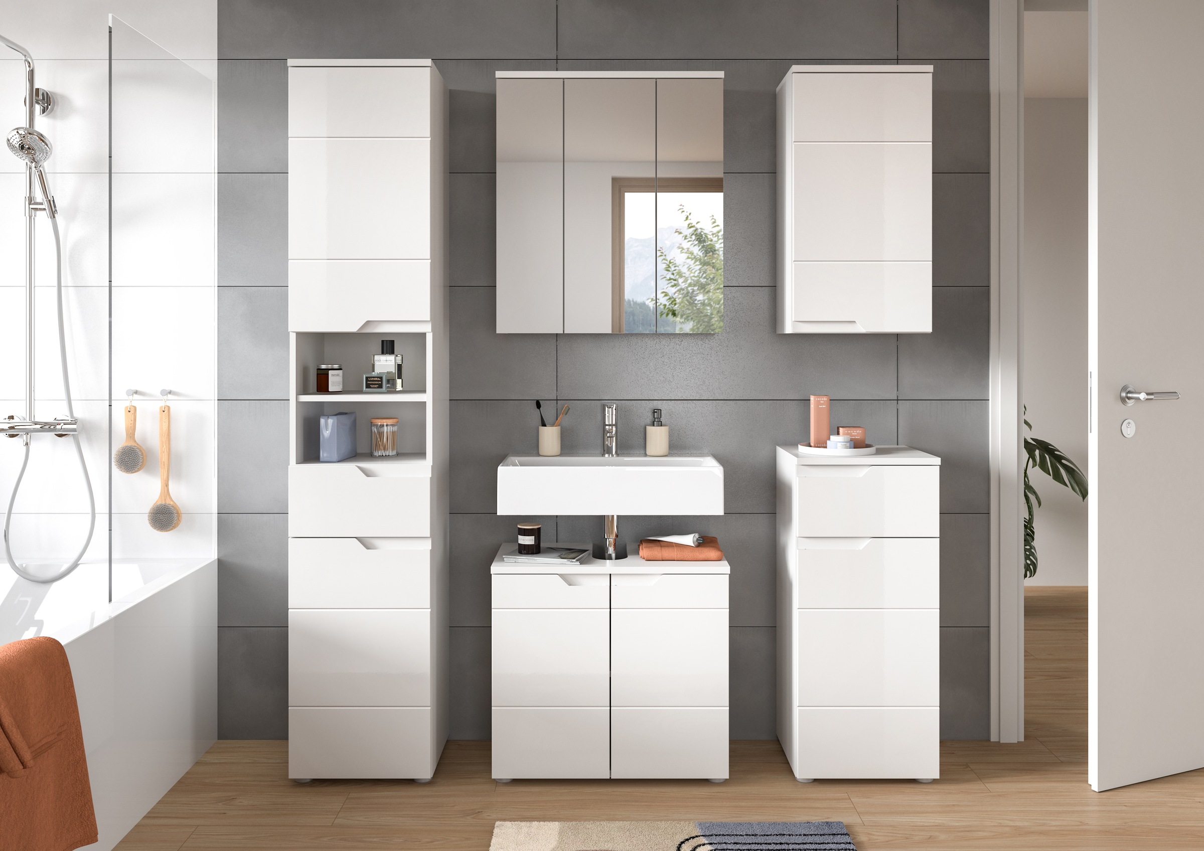 welltime Ensemble de meubles de salle de bain »CAPRI, 5-teilig, mit eingefasster Griffmulde, bestehend aus:«