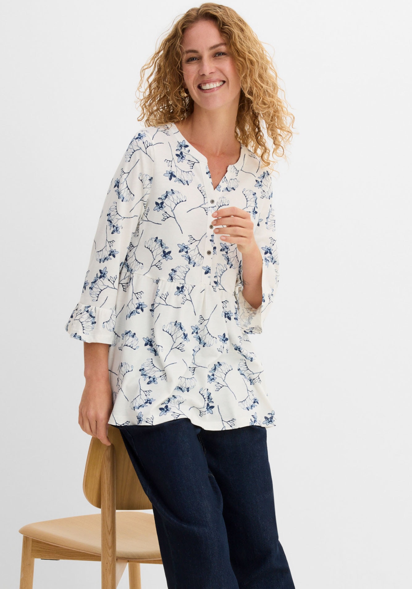 bonprix Blouse à pression ausgestellte Passform, 3/4-Ärmel, für Frühling und Sommer