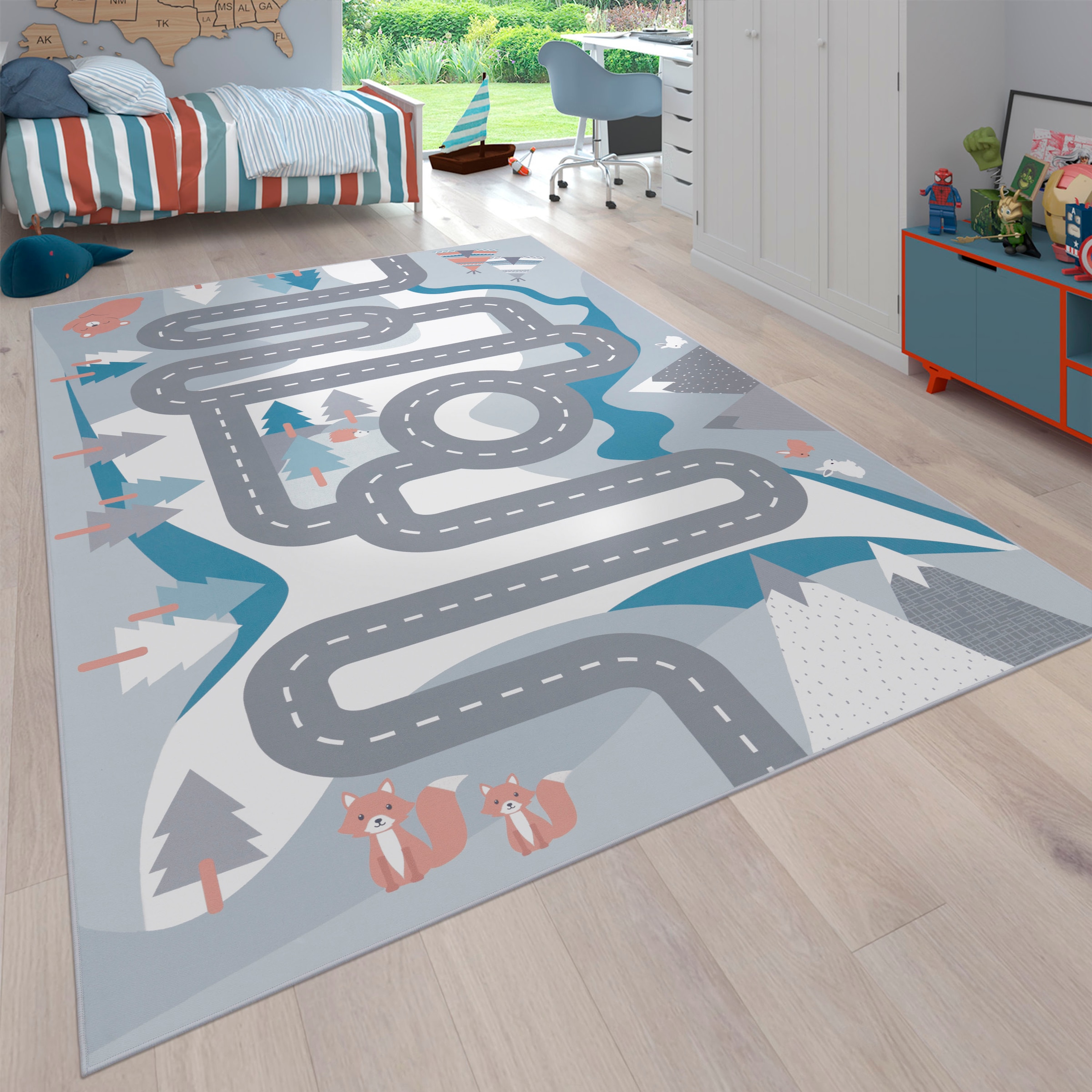 Paco Home Kinderteppich »Bino 574«, rechteckig, 4 mm Höhe, Kurzflor, Strassen-Spiel-Teppich, Tippis & Wald, Kinderzimmer