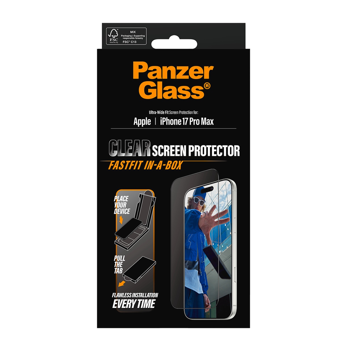 CARE by PanzerGlass Verre de protection d'écran »Ultra-Wide Fit Screen Protector FASTFIT IN-A-BOX« für Apple iPhone 17 Pro Max Displayschutzfolie, Schutzfolie, Bildschirmschutz, kratz- & stossfest