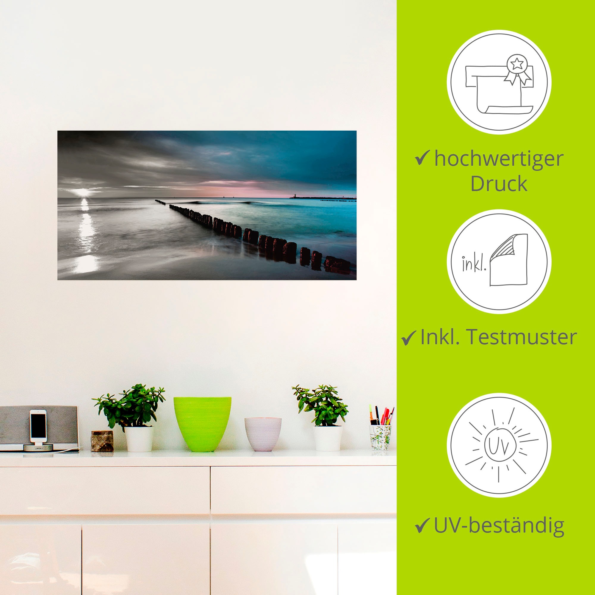 Artland Wandbild »Ostsee mit Sonnenaufgang s/w«, Gewässer, (1 St.), als Leinwandbild, Wandaufkleber in verschied. Grössen