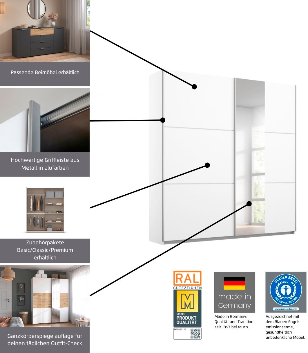 rauch Schwebetürenschrank »Kleiderschrank Schrank Garderobe TOPSELLER ASTANA OTTO´s CHOICE« 3 Ausstattungen BASIC/CLASSIC/PREMIUM (inkl. SOFT-CLOSE-FUNKTION),  mit 3 Spiegelelementen, Metallgriffleisten alufarbig MADE IN GERMANY