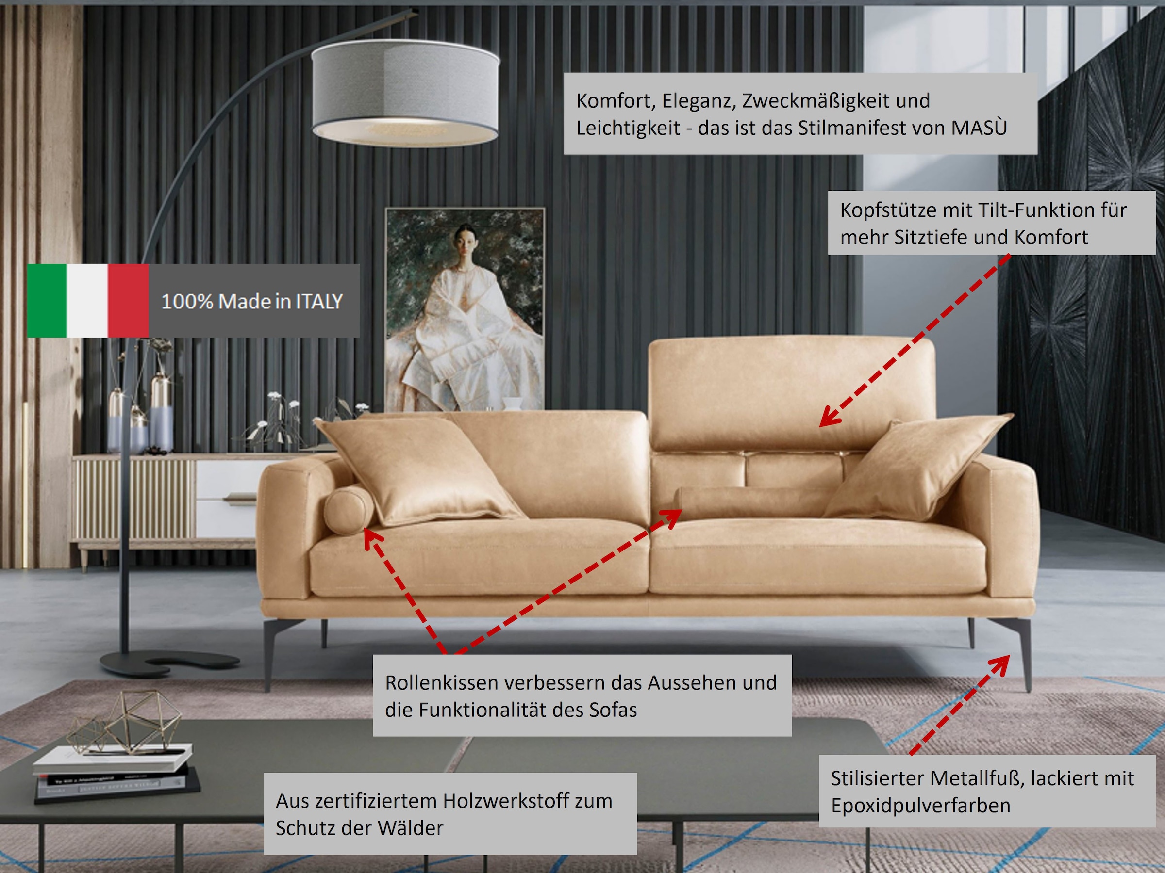 Egoitaliano 2,5-Sitzer »Masu, Designsofa mit erstklassigem Sitzkomfort«, inkl. 2 Kissenrollen, Rückenelemente manuell verstellbar, Metallfüsse