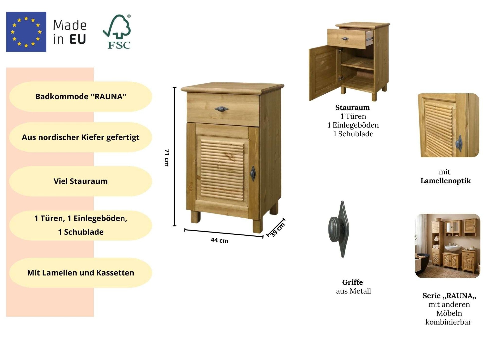 GOODproduct Unterschrank »Rauna« aus massiver Kiefer, Breite 44 cm, Rillenoptik, made in EU
