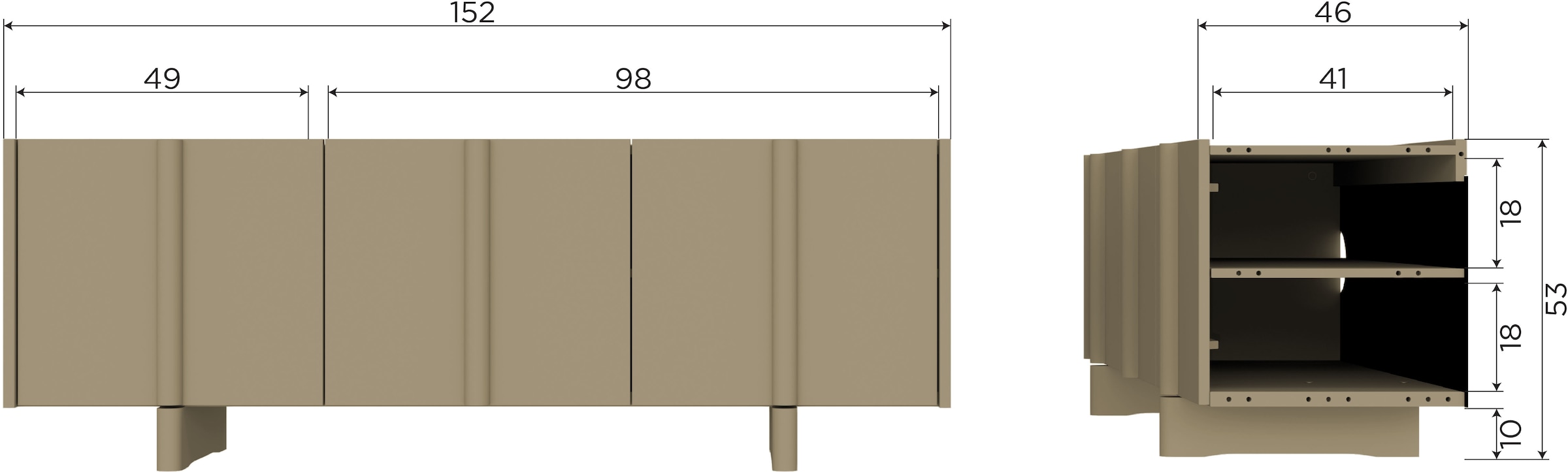 WOOOD Lowboard »Basu FSC®-Kiefernholz Lackiert Grifflos, H 53 x B 152 x T 46 cm« Sichtbare Maserung, Tragkraft Deckplatte 35 kg und 15 kg pro boden