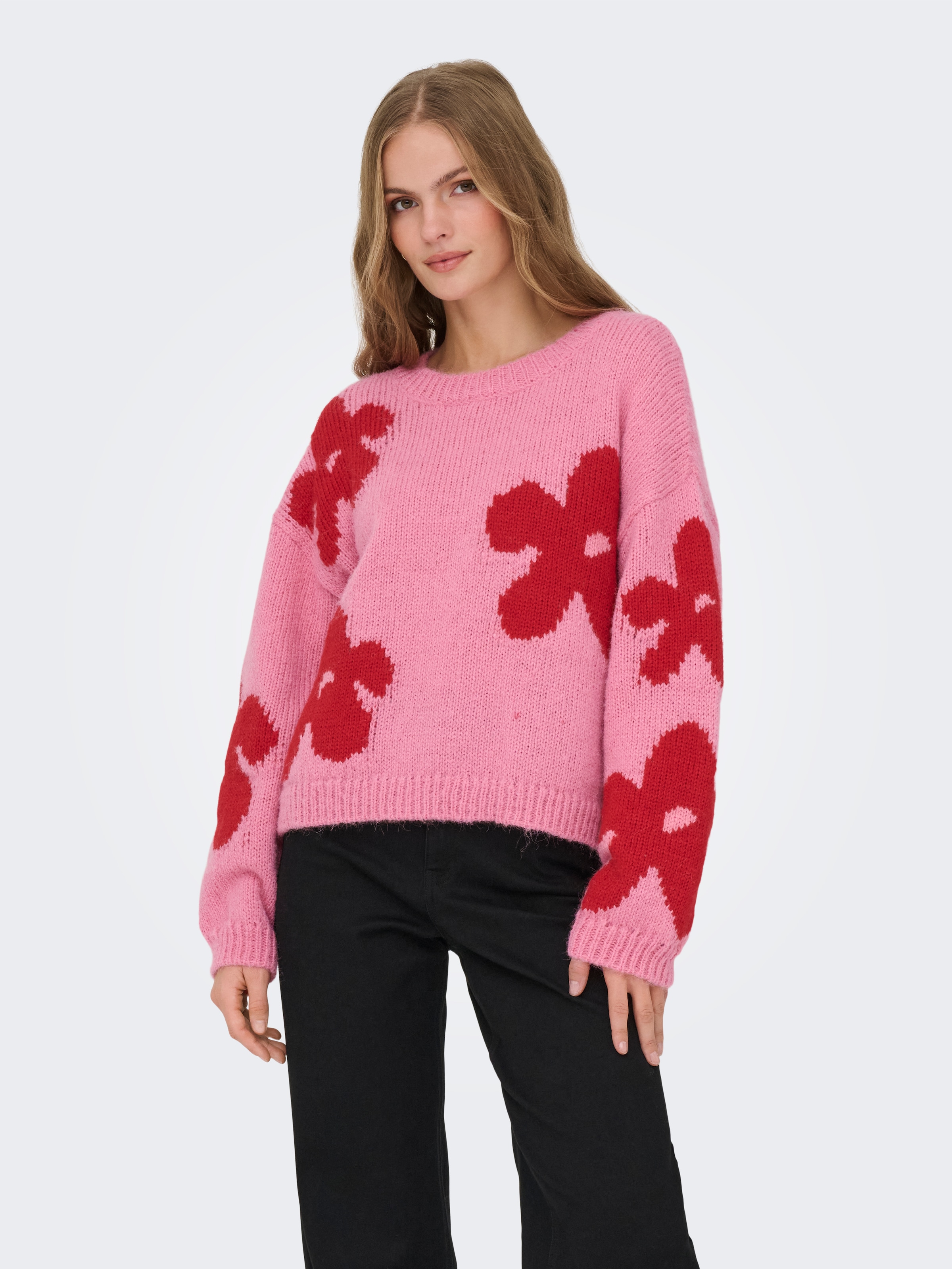 ONLY Pull en tricot »ONLBOOTLE LIFE LS FLOWER O-NECK KNT« Kunstfaser, loose fit