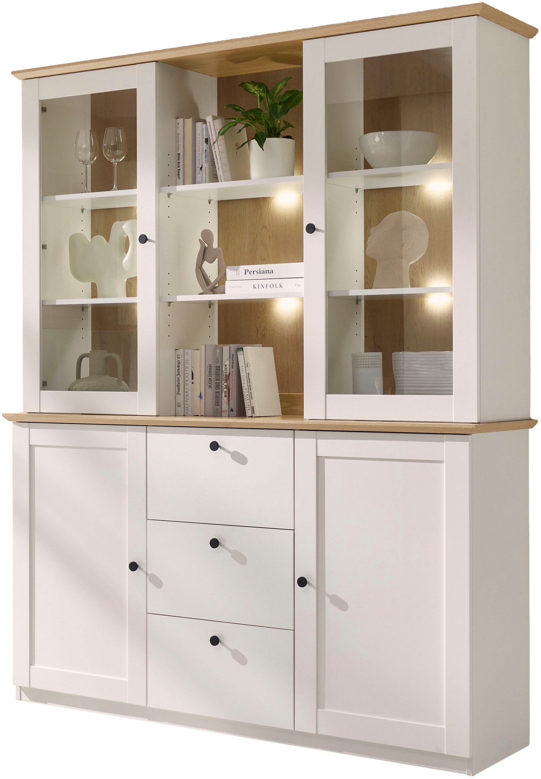 GOODproduct Buffet »Brest, Hochschrank im Landhausstil, Schrank, Küchenschrank« schwarze Metallgriffe, viel Stauraum, Glastüren, 164 cm breit