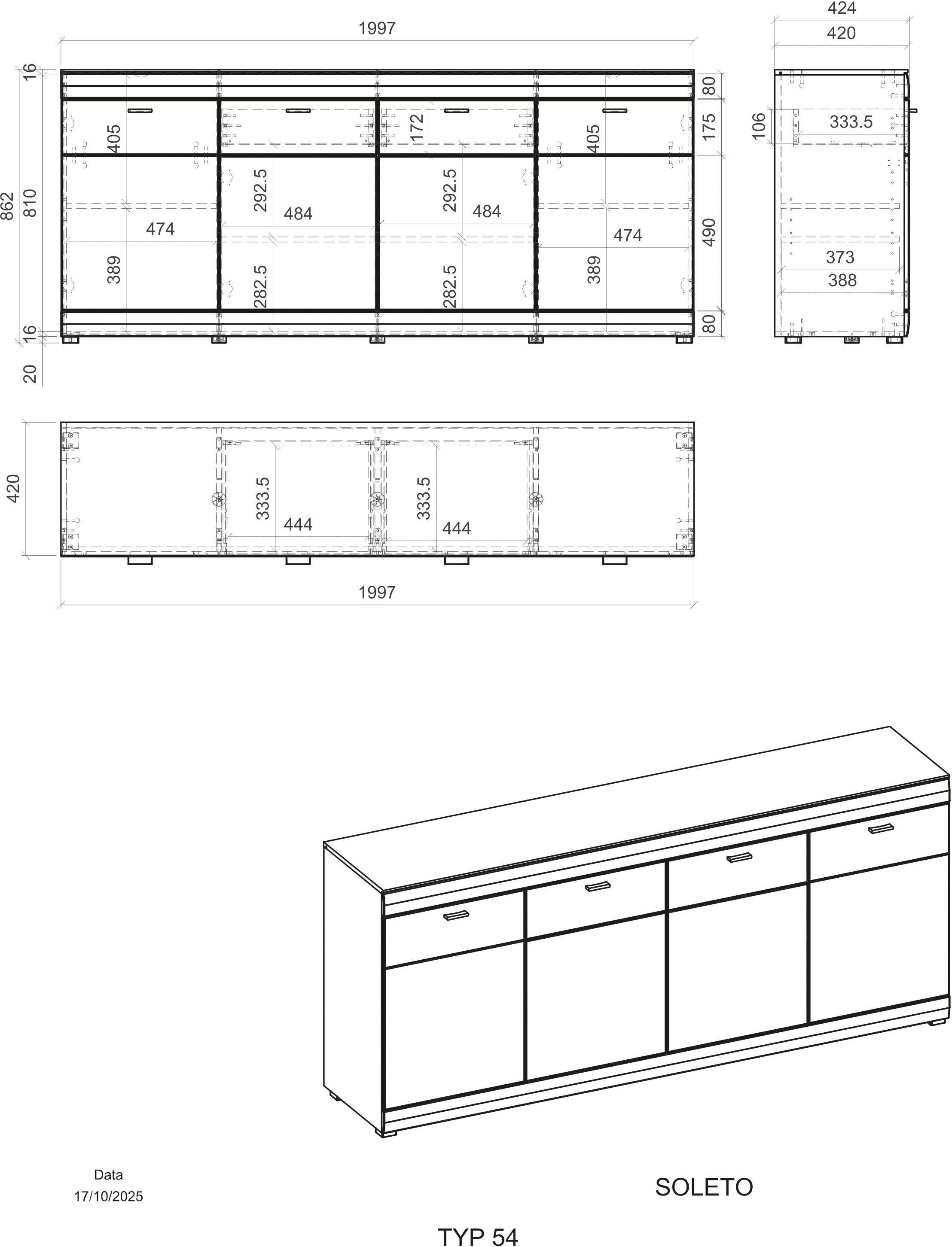 Home affaire Sideboard »Soleto, moderner Schrank, Kommode, 200 cm breit« zeitlos, schwarze Griffe aus Metall, ausreichend Stauraum