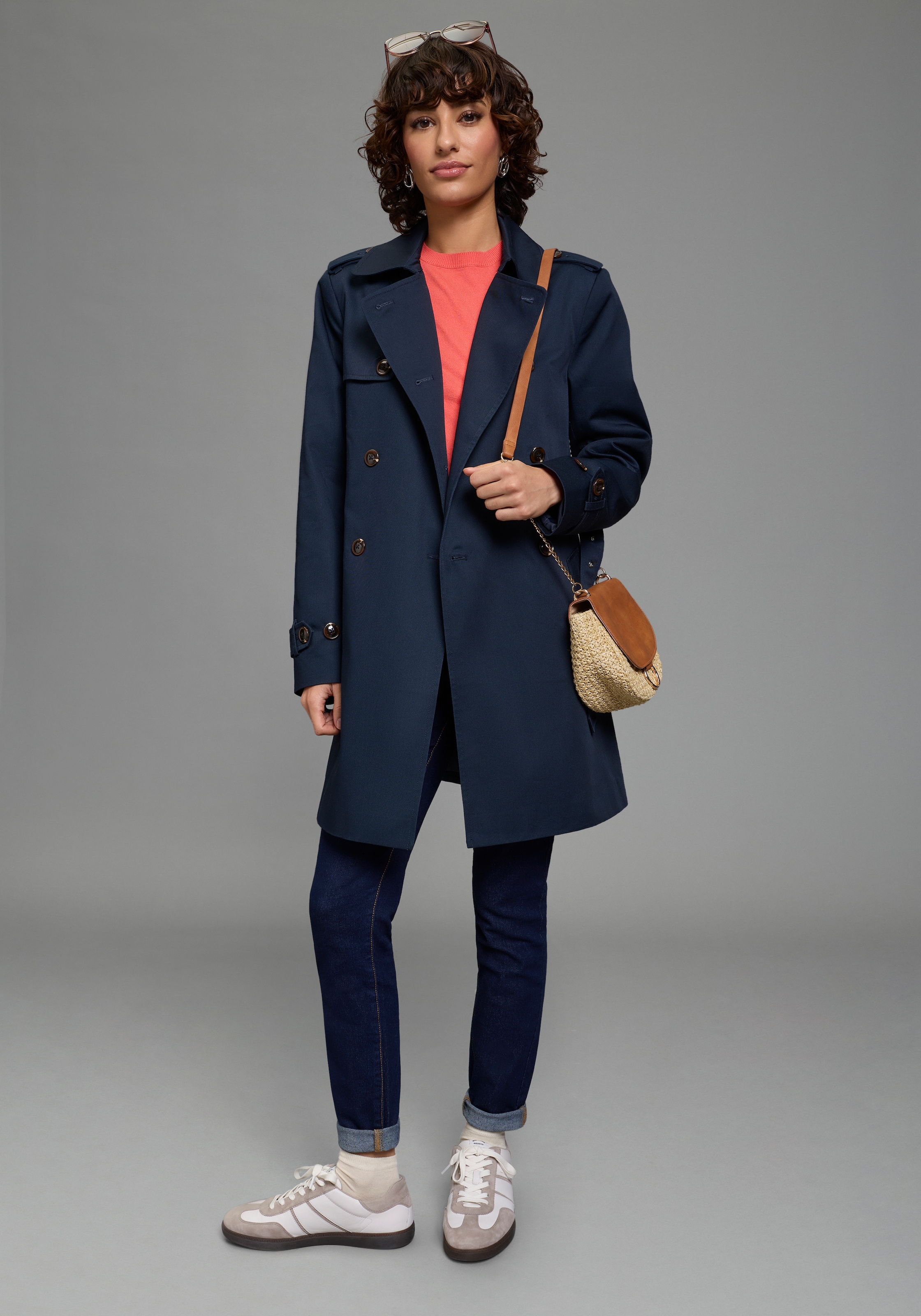 Laura Scott Trench-coat aus Baumwolle und Polyester, unifarben mit Piping-Applikationen
