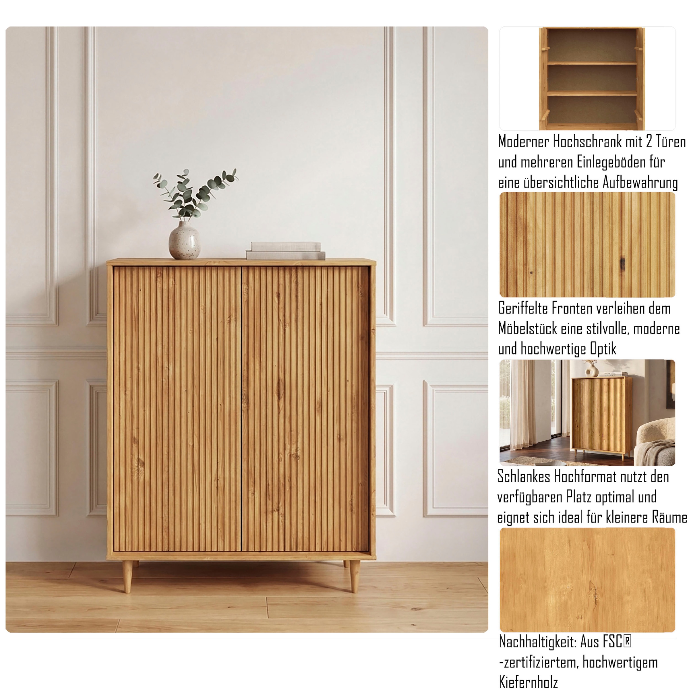 GOODproduct Highboard »Malmedy Midischrank mit einer Lamellenoptik und Push to Open Funktion« massives Kiefernholz, Push-to-open Funktion, verstellbare Einlegeböden