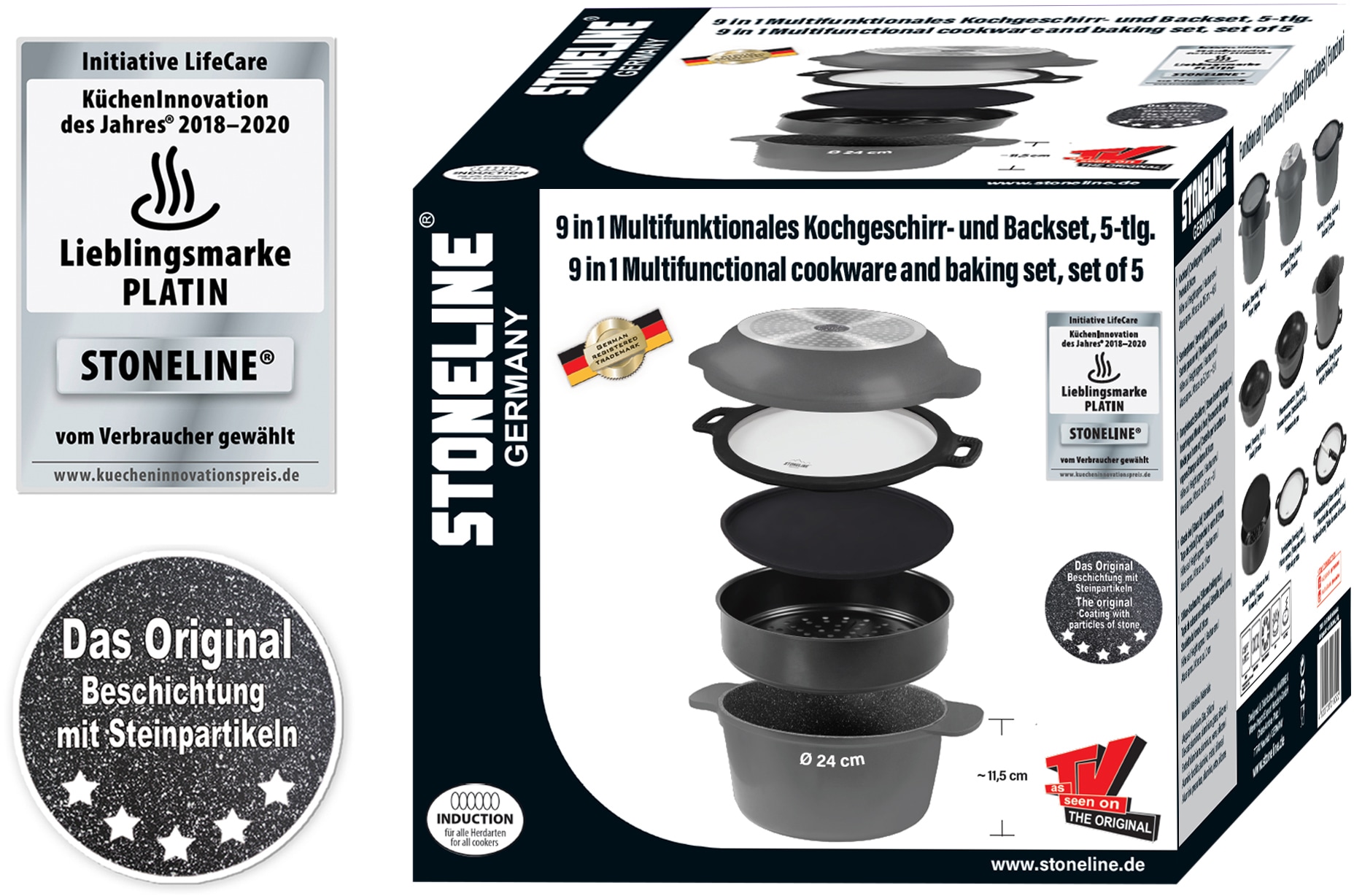 STONELINE Topf-Set, Aluminiumguss, (Set, 5 tlg., 1x Kochtopf mit Deckel, Dampfeinsatz, Topfuntersetzer, Servierplatte), mit Original STONELINE Antihaftbeschichtung, Induktion