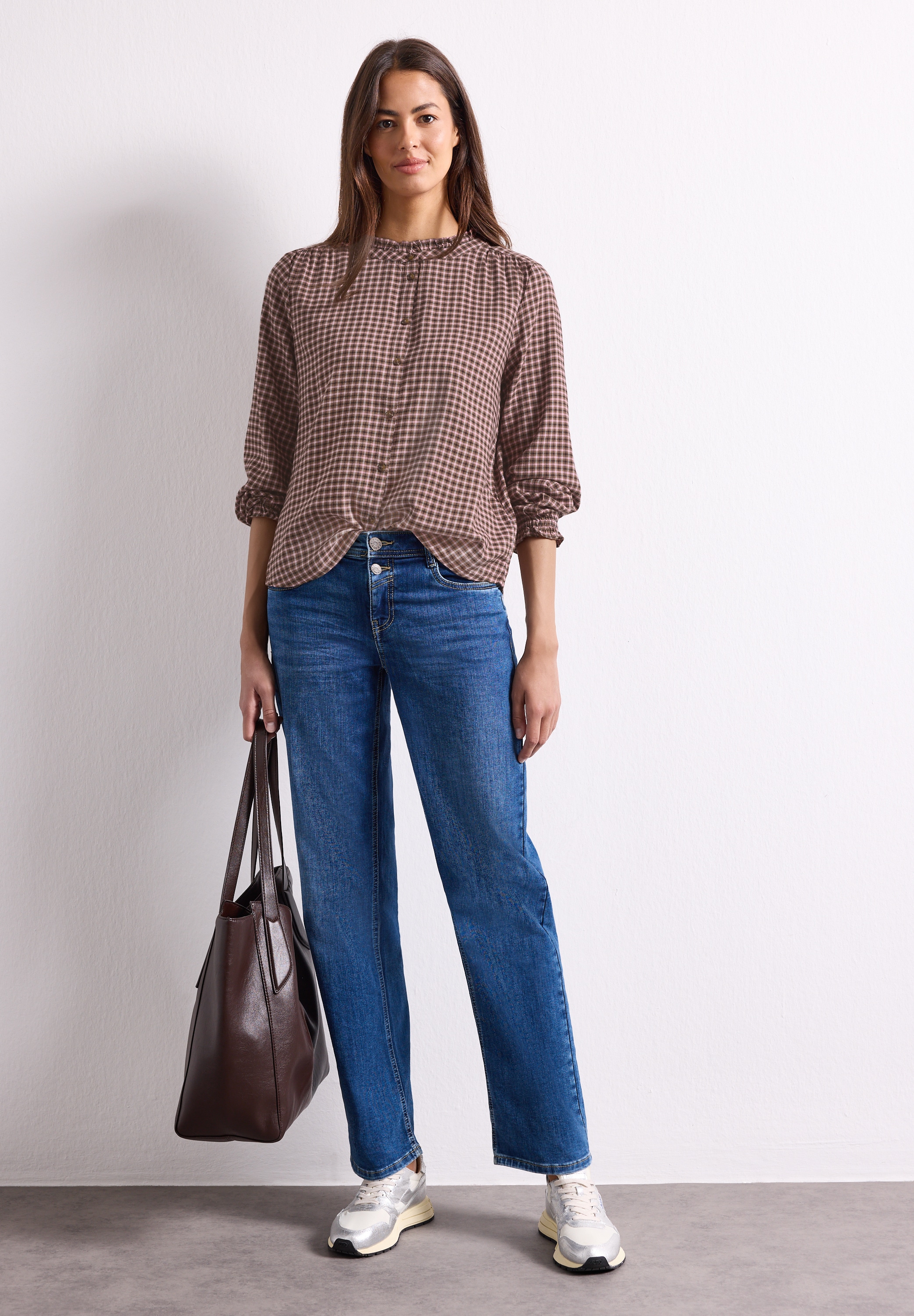 STREET ONE Langarmbluse mit Rundhals und Rüschen / Karo-Look