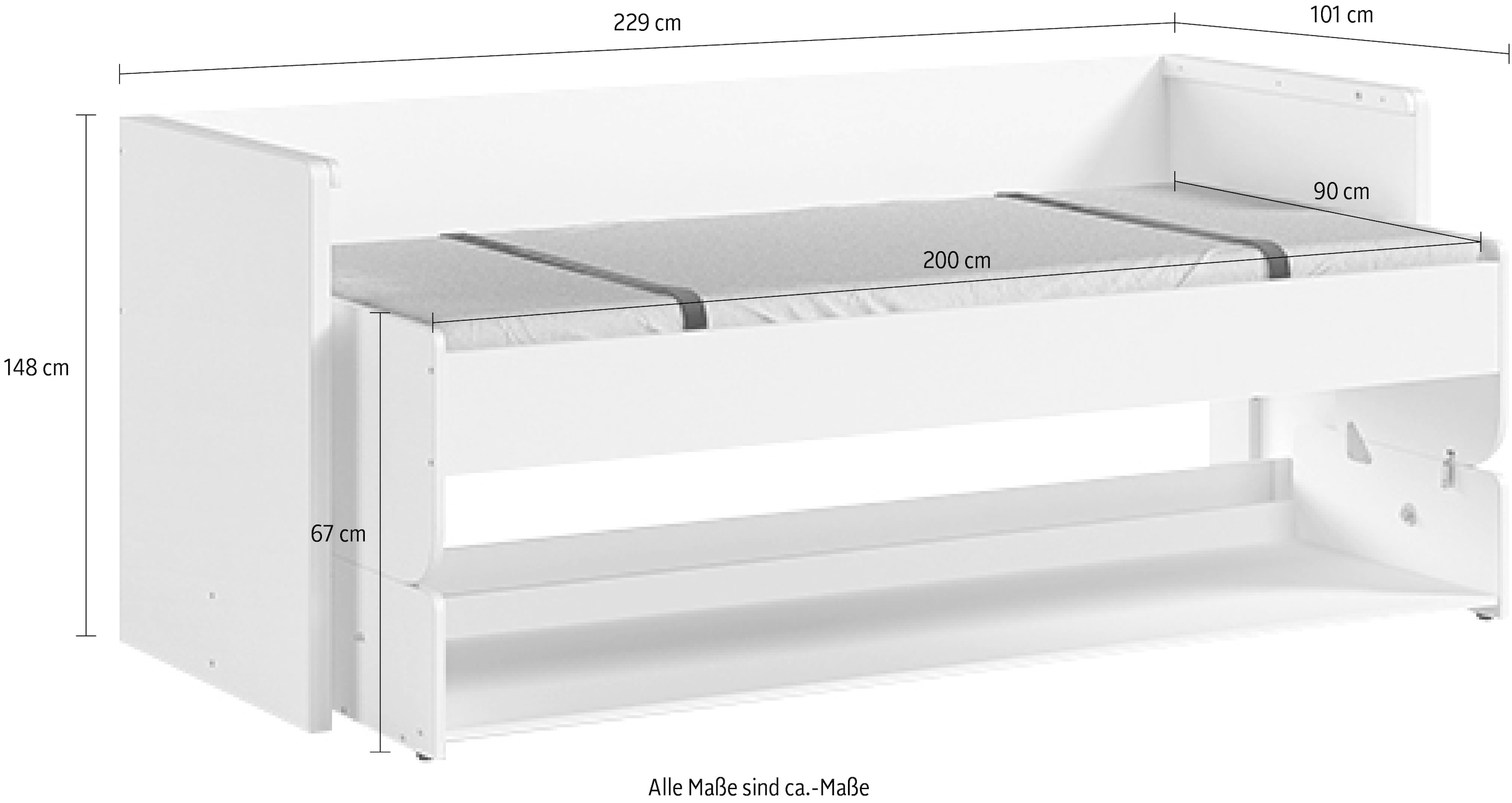 Vipack Einzelbett »Denver 90/200, die 2 in 1 Lösung für das Kinderzimmer, viel Funktion« B/H/T ca. 216,5x146,5x109,5cm, Dekor weiss, schwenkbar zum Schreibtisch,  mit grosser Schreibplatte, ideal für kleine Räume