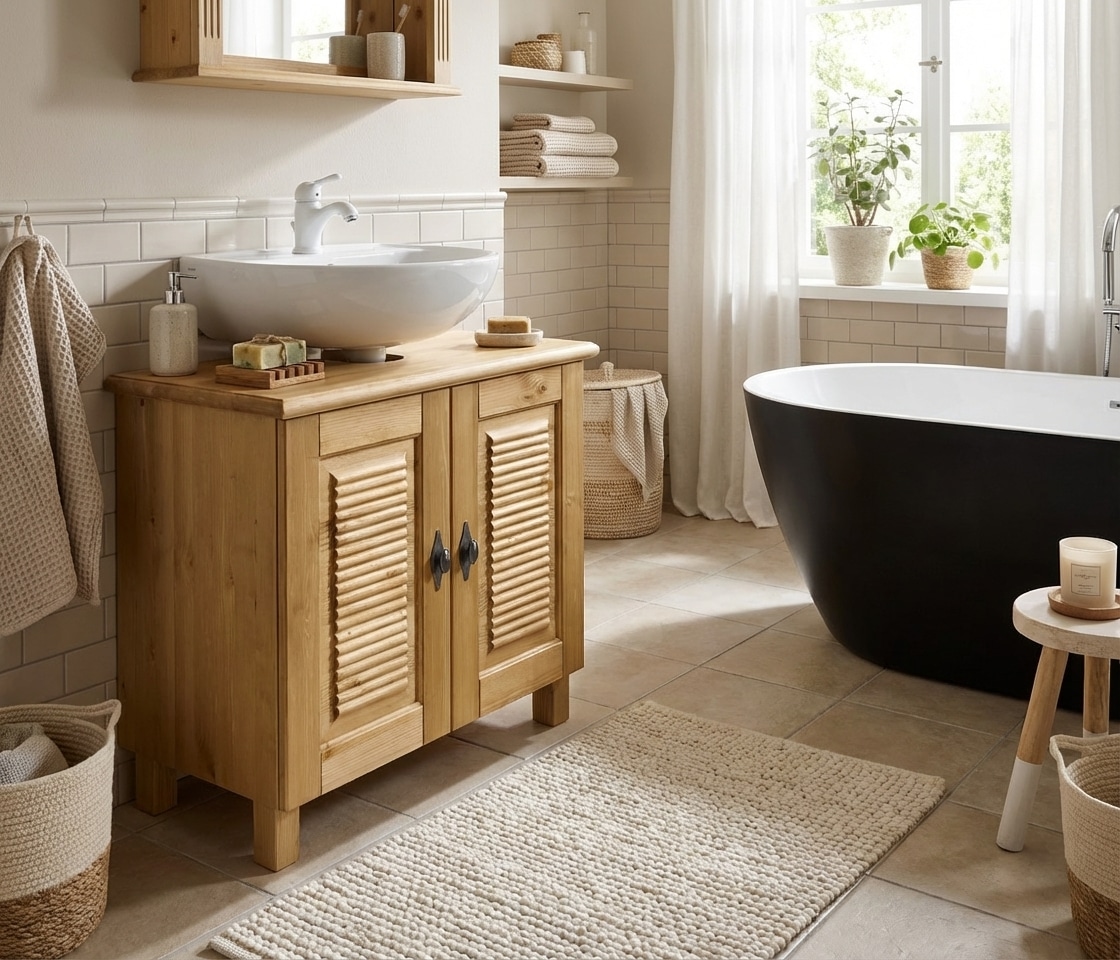 GOODproduct Waschbeckenunterschrank »Rauna« aus massiver Kiefer, Breite 64 cm, Rillenoptik, made in EU