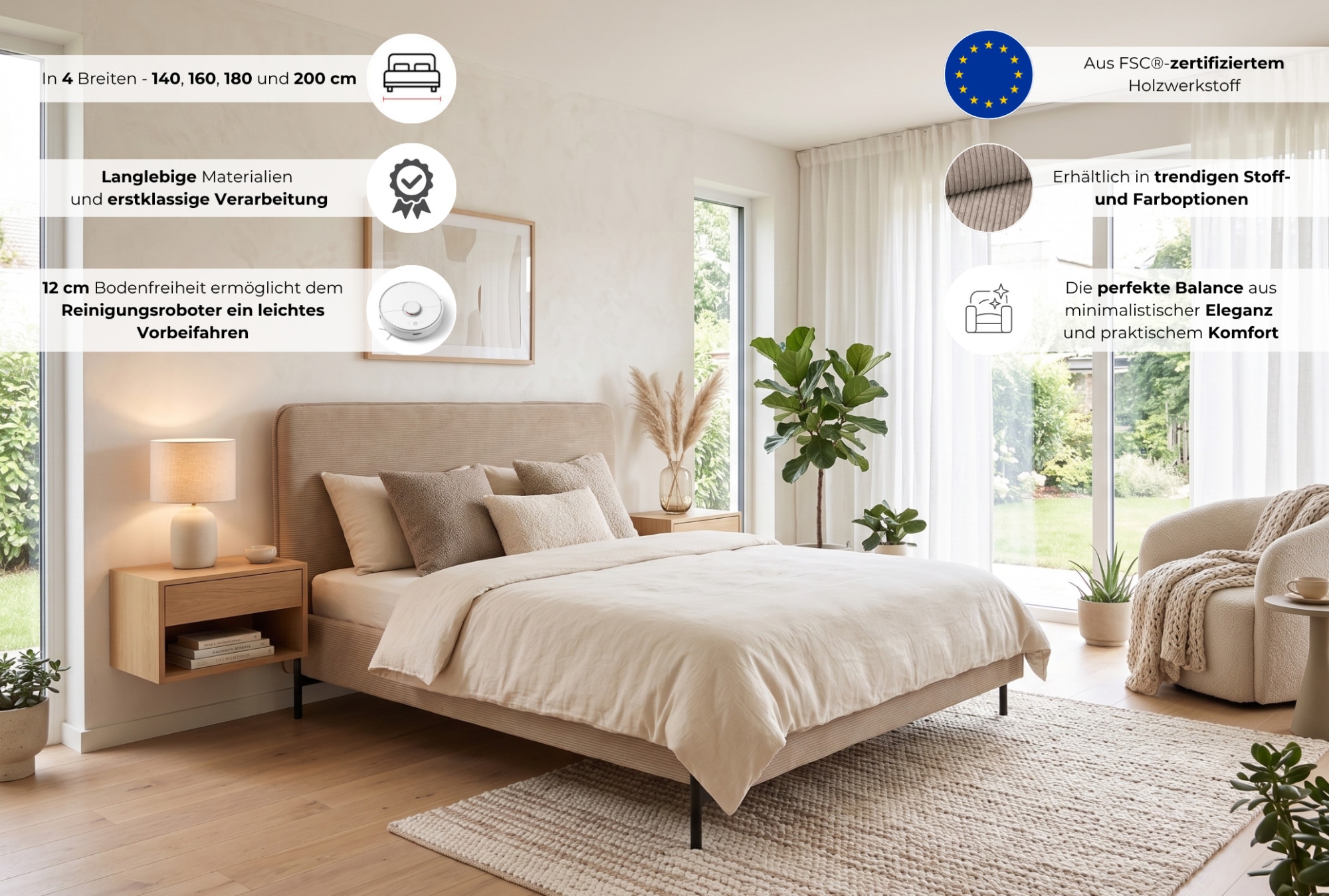 Home affaire Polsterbett »LAVOISIER Bettgestell mit Lattenrost, Breite 140/160/180/200 cm, Cord« Rahmenbett mit Kopfteil, ohne Matratze und Topper