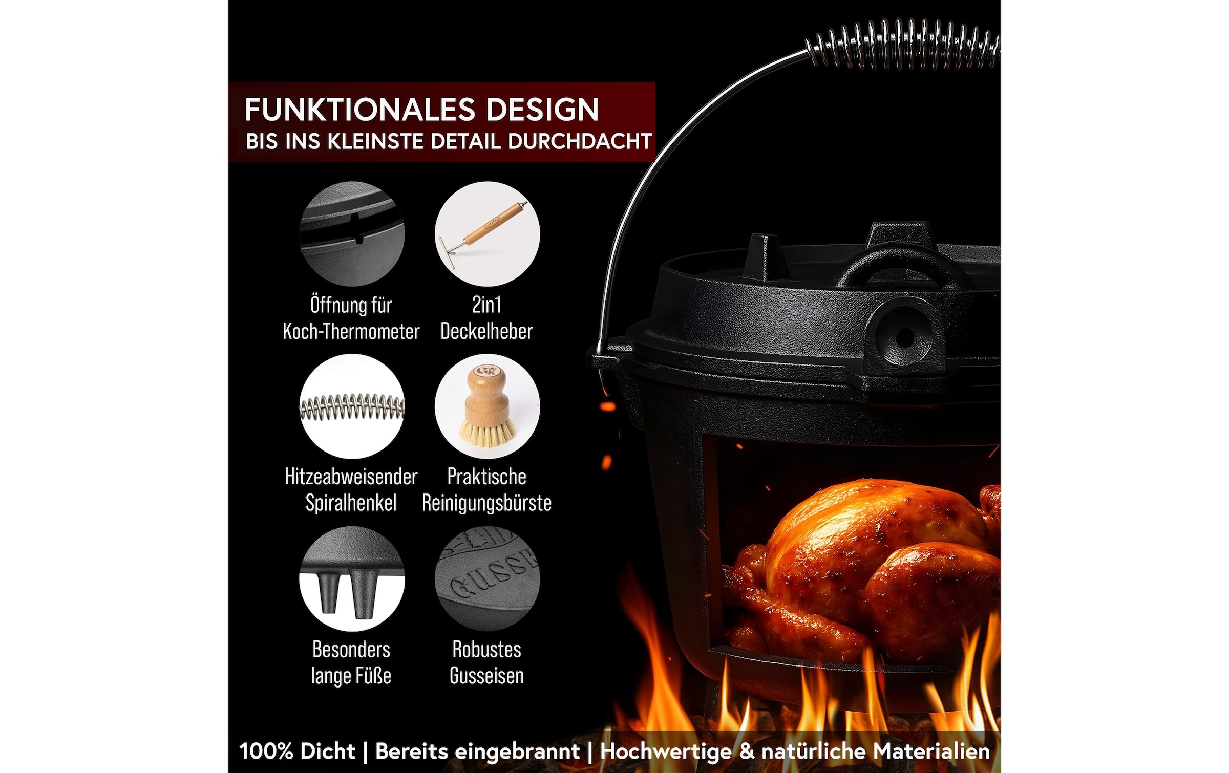   Marmite à barbecue »Gusskoenig Dutch Oven Set 9 l mit Deckelheber, Bürste« Set mit 2in1 Deckelheber und Reinigungsbürste