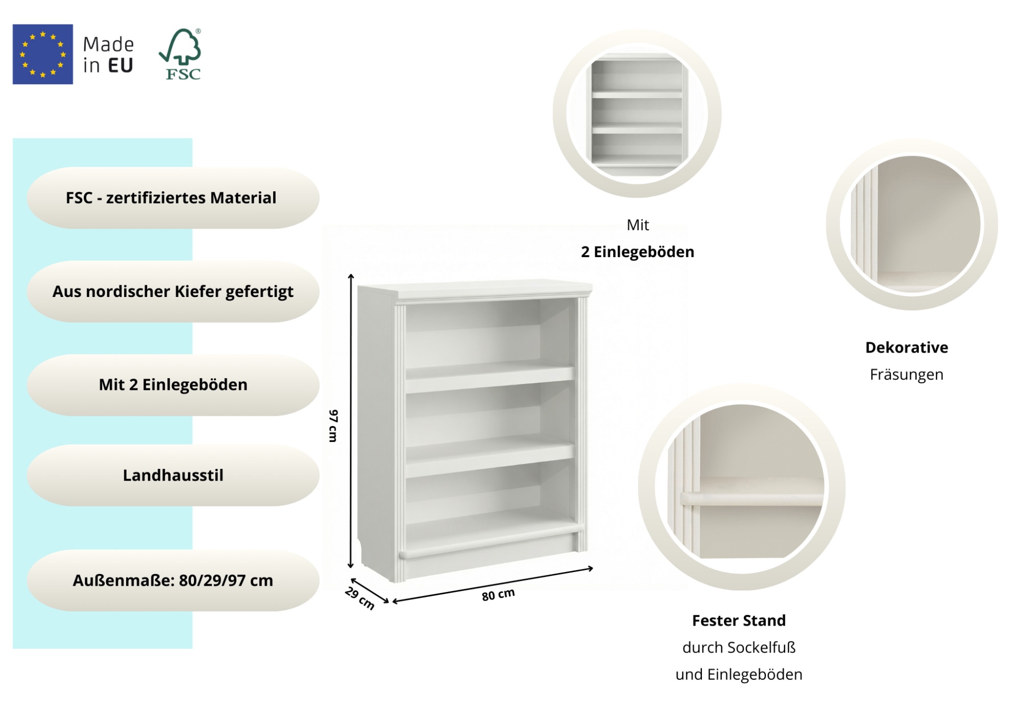 GOODproduct Étagère sur pied »Soeren Regal Bücherregal B/T/H: 80/29/97 cm« massive Kiefer, FSC®-zertifiziert
