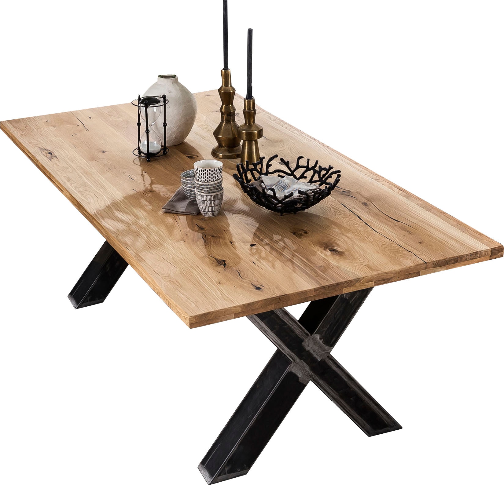 SIT Table de salle à manger »Phoenix Wildeiche Massivholz mit X-Gestell im Used-Look« Chêne sauvage rustique avec structure en X marquante