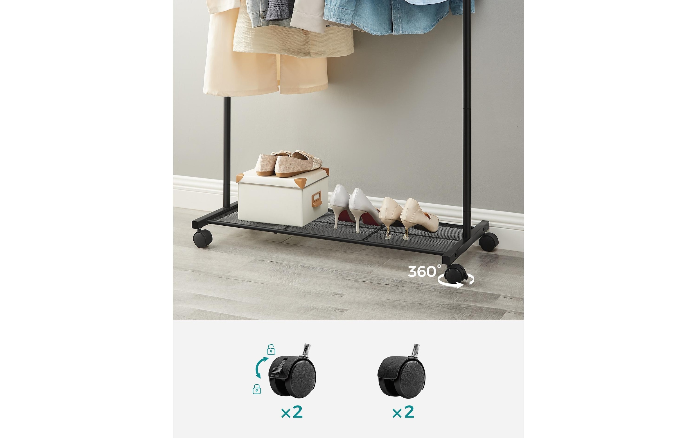 Image of SONGMICS Kleiderständer "mit Rädern" Rollbarer Kleiderständer mit stabiler Gitterablage und hoher Tragkraft