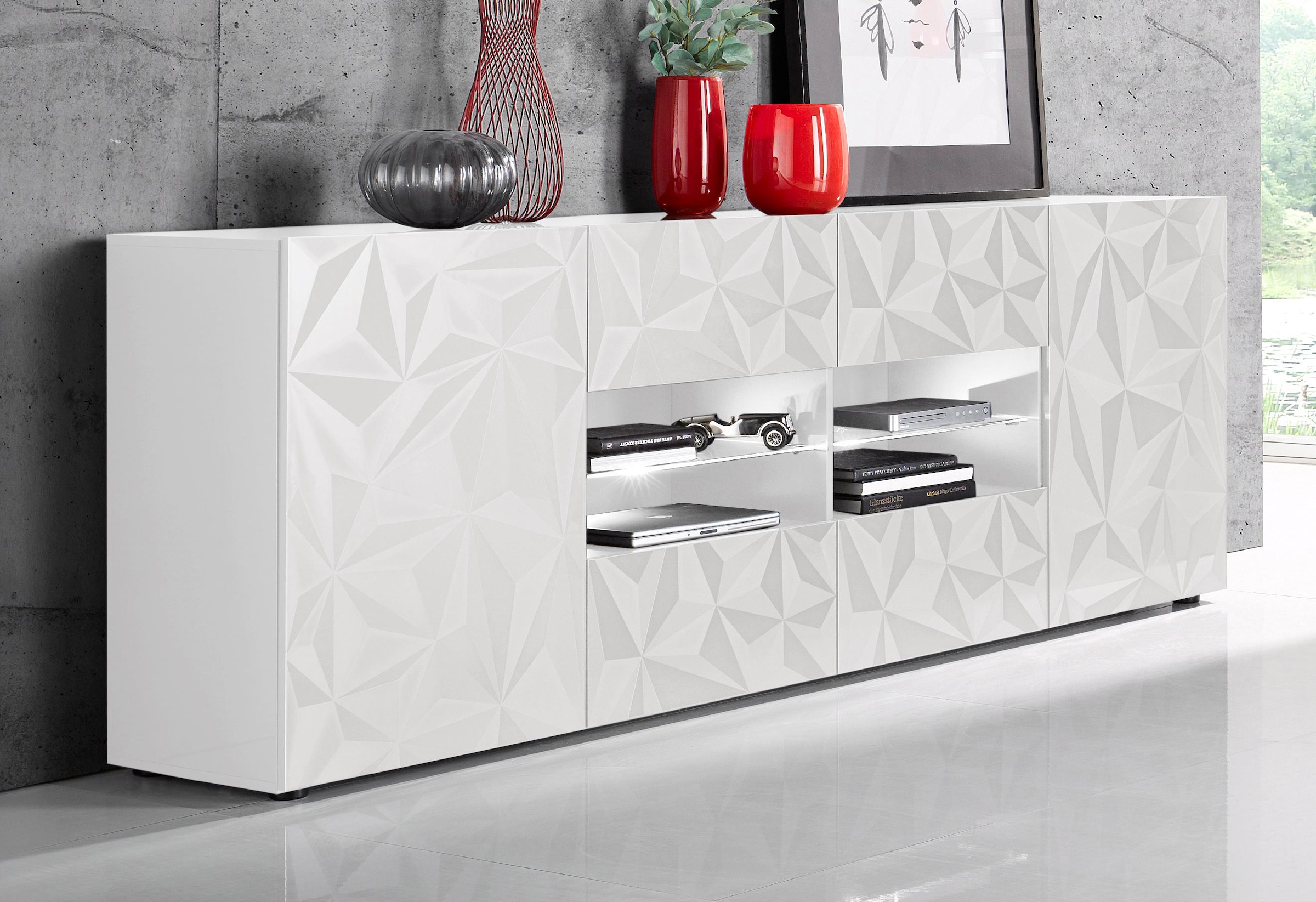 Image of Home affaire Sideboard "Prisma Breite 241, Kommode 2 Türen, 4 Schubkästen, Anrichte" Front mit elegantem Siebdruck, grifflos, viel Stauraum