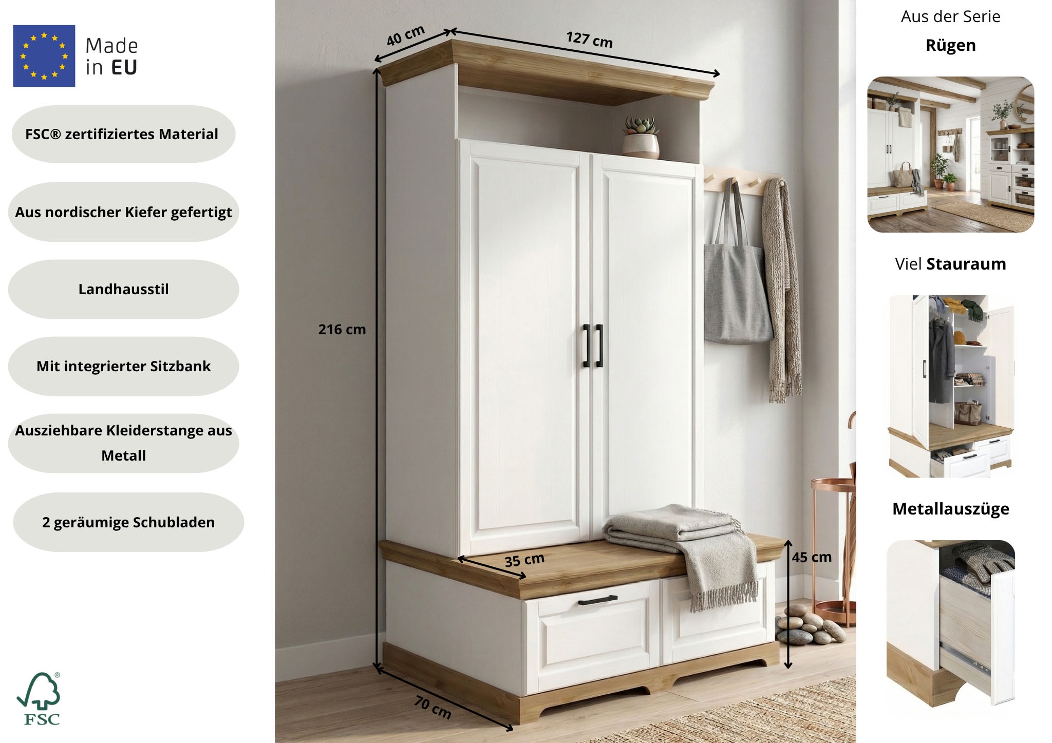 GOODproduct Wäscheschrank »Rügen XXL– Landhaus-Charme mit maximalem Stauraum, zeitlos schön« B/H/T ca. 127/216/70 cm,  Integrierte Sitzbank + Schubladen: Stauraum für Schlafzimmer+Diele