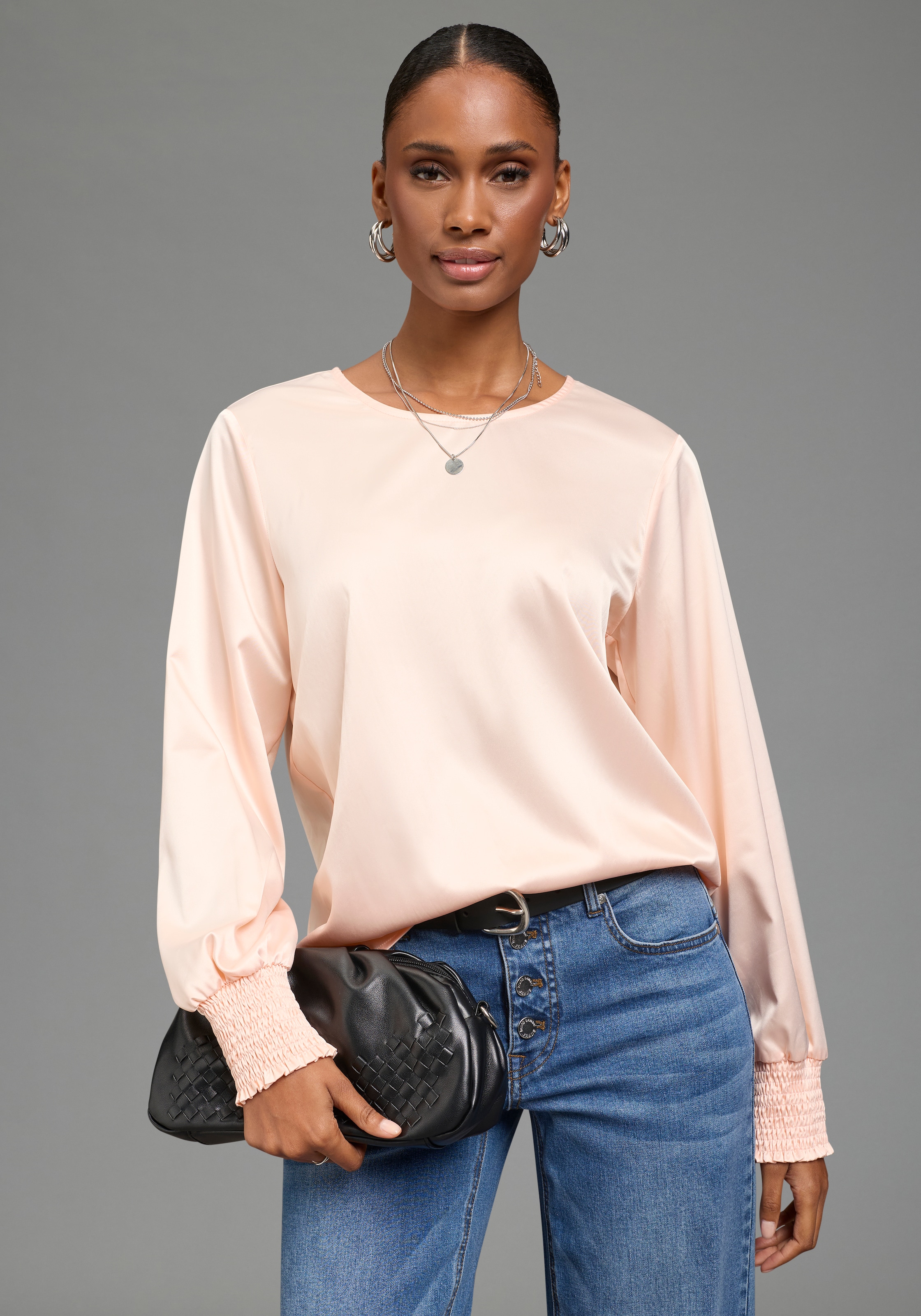 Image of Laura Scott Schlupfbluse Festliche Satin-Bluse, Elastikbündchen am Ärmel, glänzender Stoff