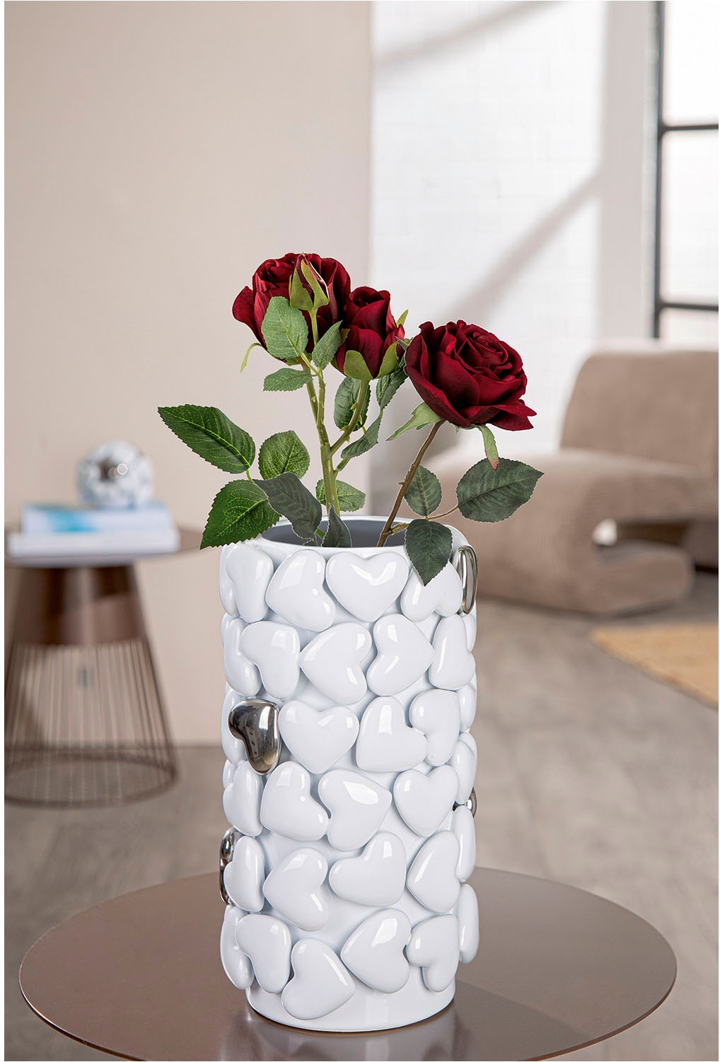 GILDE Tischvase »Vase zylindrisch Hearts weiss H. 31,5 cm«