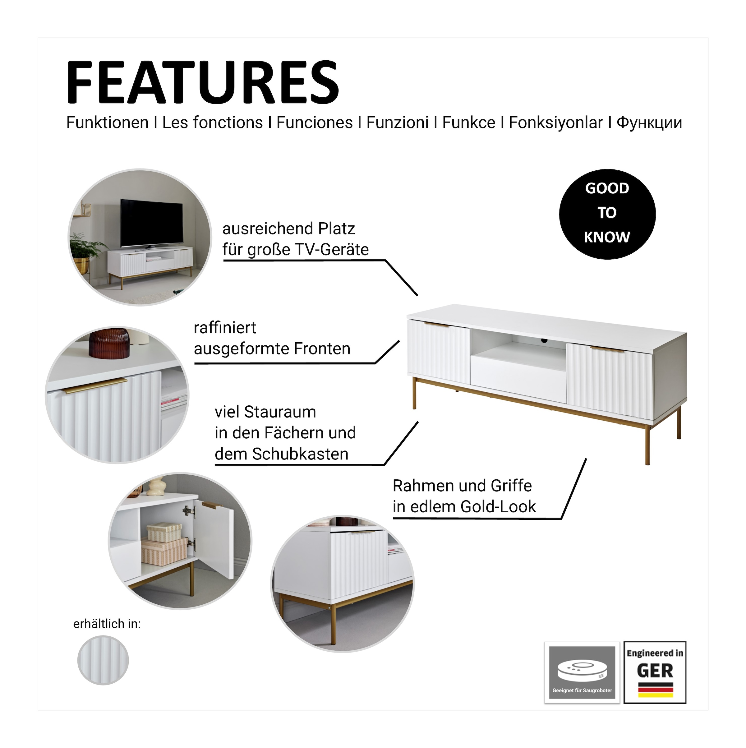 Jahnke TV-Board »CARVE TV 140« 1 Stk. tlg. Edle Gold-Applikationen, Fronten in Wellendesign, 140 cm