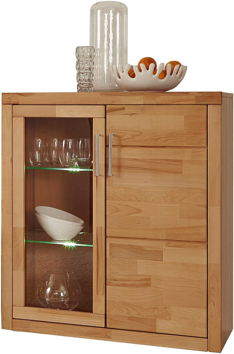 Image of GOODproduct Vitrine "LOGO75, Einlegeboden verstellbar,1Glastür,1Holztür,Wohnzimmer,Stauraum" B/T/H:90/40/100cm, Front massivholz,6 Fächer,Griffe silberfarben,geölt