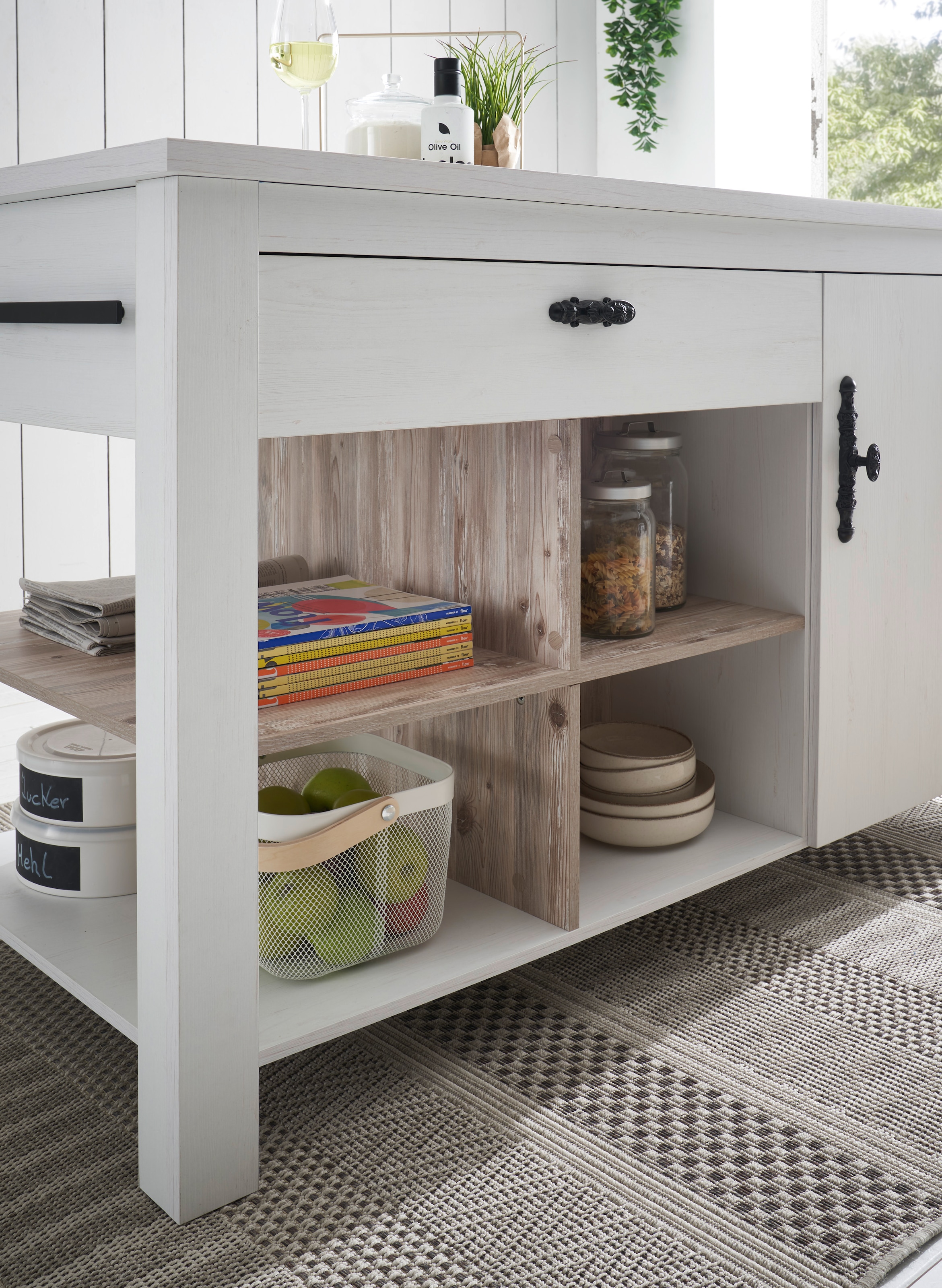 Home affaire Kücheninsel »Florenz, Küchenblock in Pinie Weiss, Kochinsel, Küchenarbeitsblock« Breite 161 cm, mit verschnörkeltem Metallgriff, Arbeitshöhe 92 cm