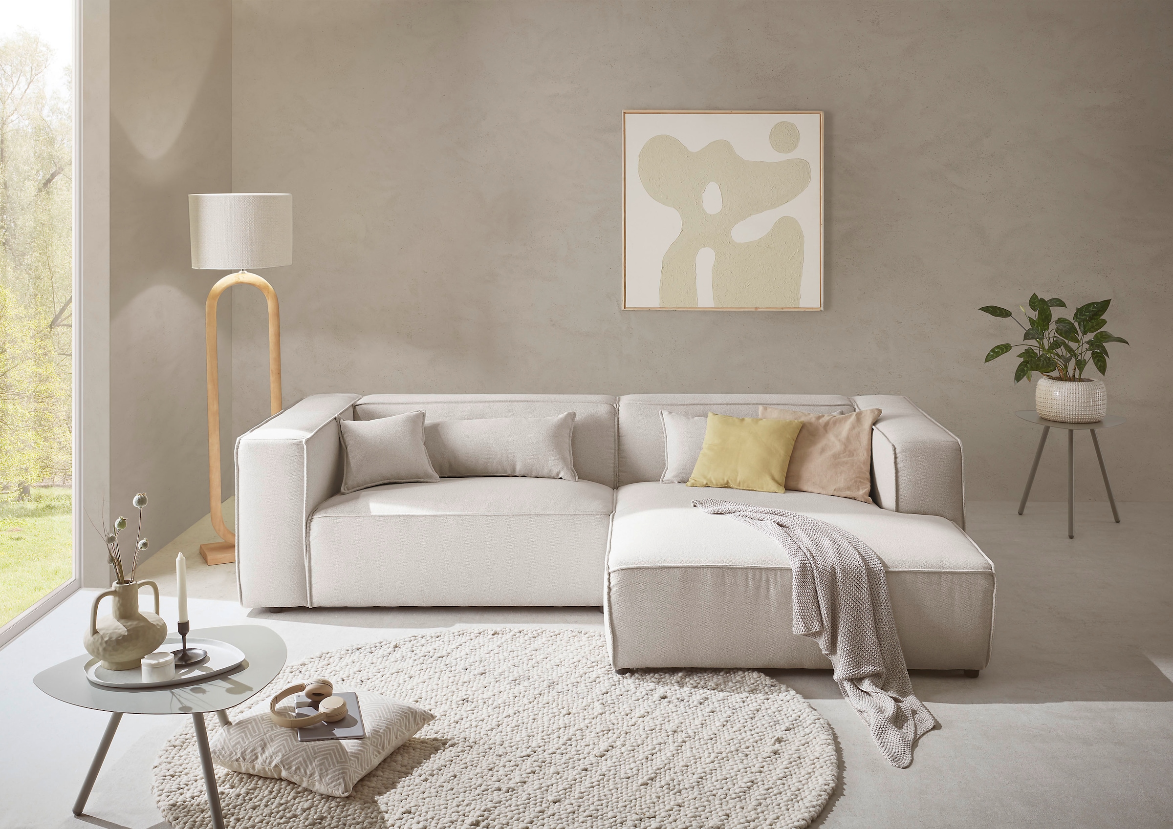 LeGer Home by Lena Gercke Ecksofa »PIARA mit Kedernaht, Cord, Leinenoptik o. Strukturstoff, Couch, L-Form«, wahlweise Ottomane rechts/links, schwarze Füsse, bequemer Sitzkomfort