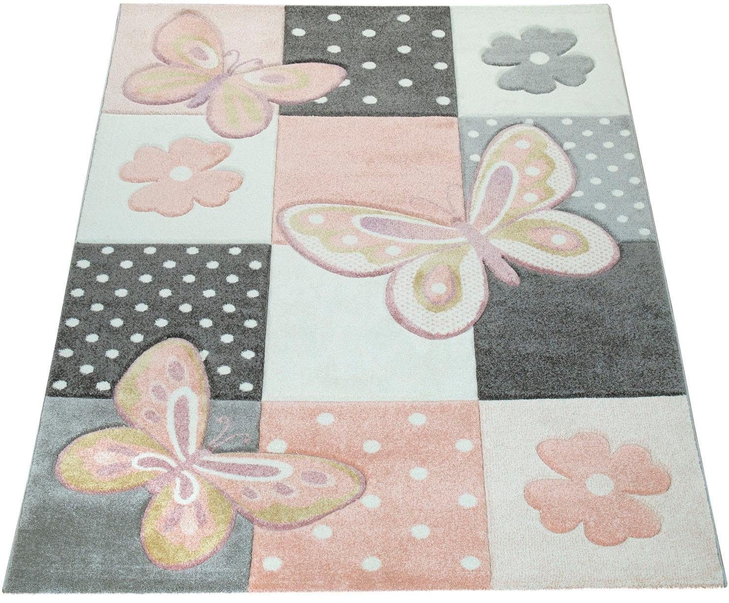 Image of Paco Home Kinderteppich "Cosmo 220" rechteckig 12 mm Höhe 3D-Design, Patchwork Muster, niedliches Motiv Schmetterlinge & Punkte