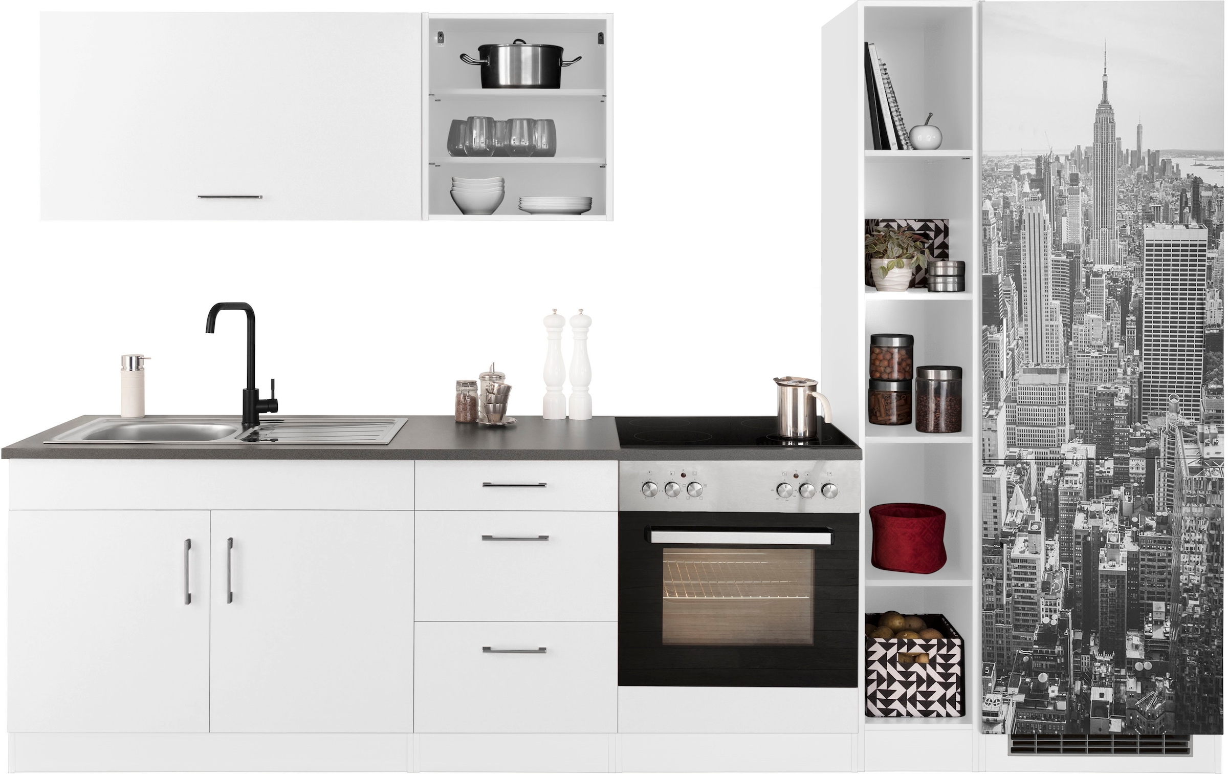 KOCHSTATION Kitchenette »KS-Paris â€“ Küchen mit einzigartigen Fotomotiven auf den Fronten« largeur 300 cm, au choix avec appareils électriques, avec impression décorative
