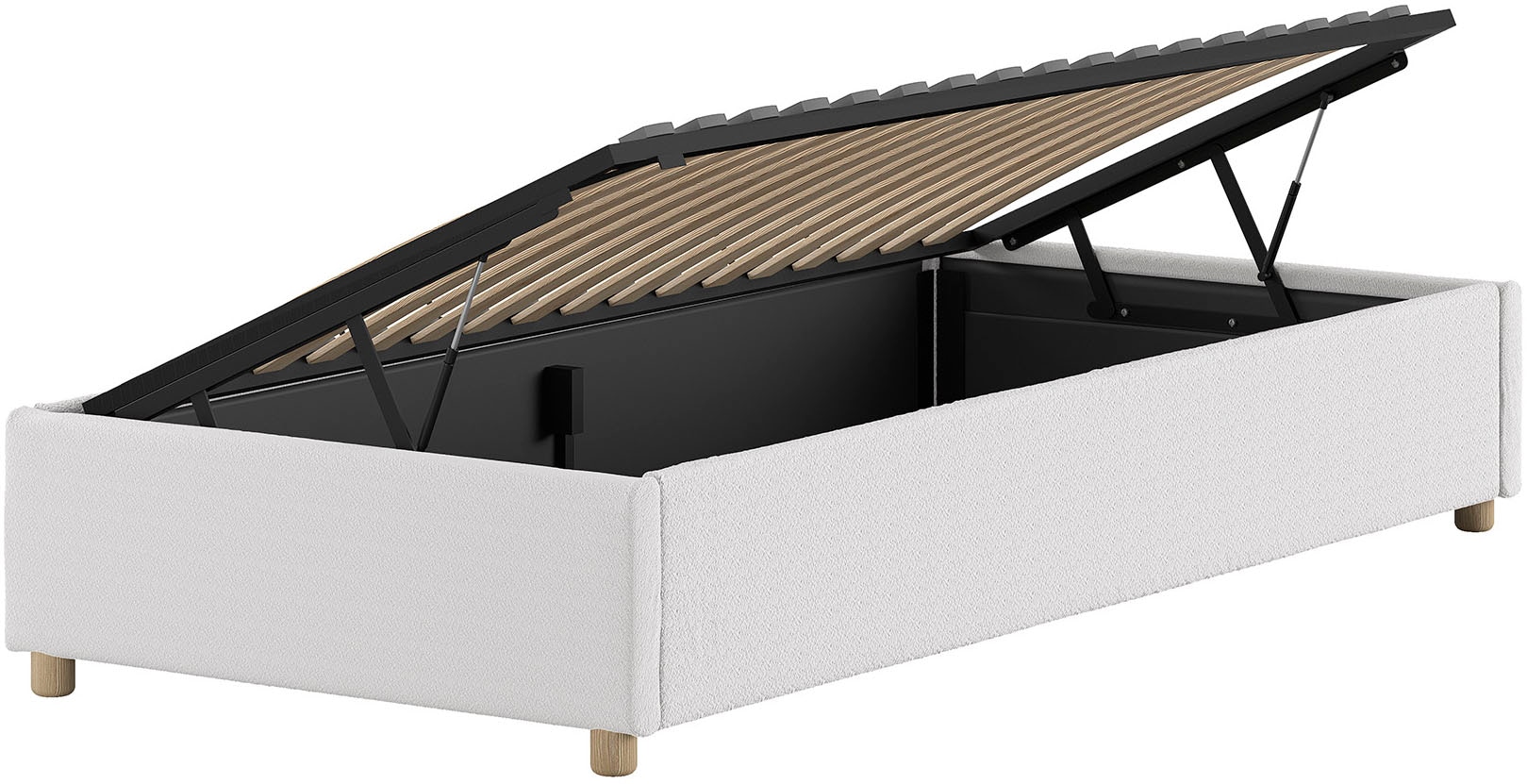 Vipack Chaise longue rembourrée »Moon, ideal unter Dachschrägen einsetzbar, Bettkasten bietet Stauraum« Massivholzfüsse, Bezug mit flauschigem Bouclé Stoff wahlweise 3 Farben