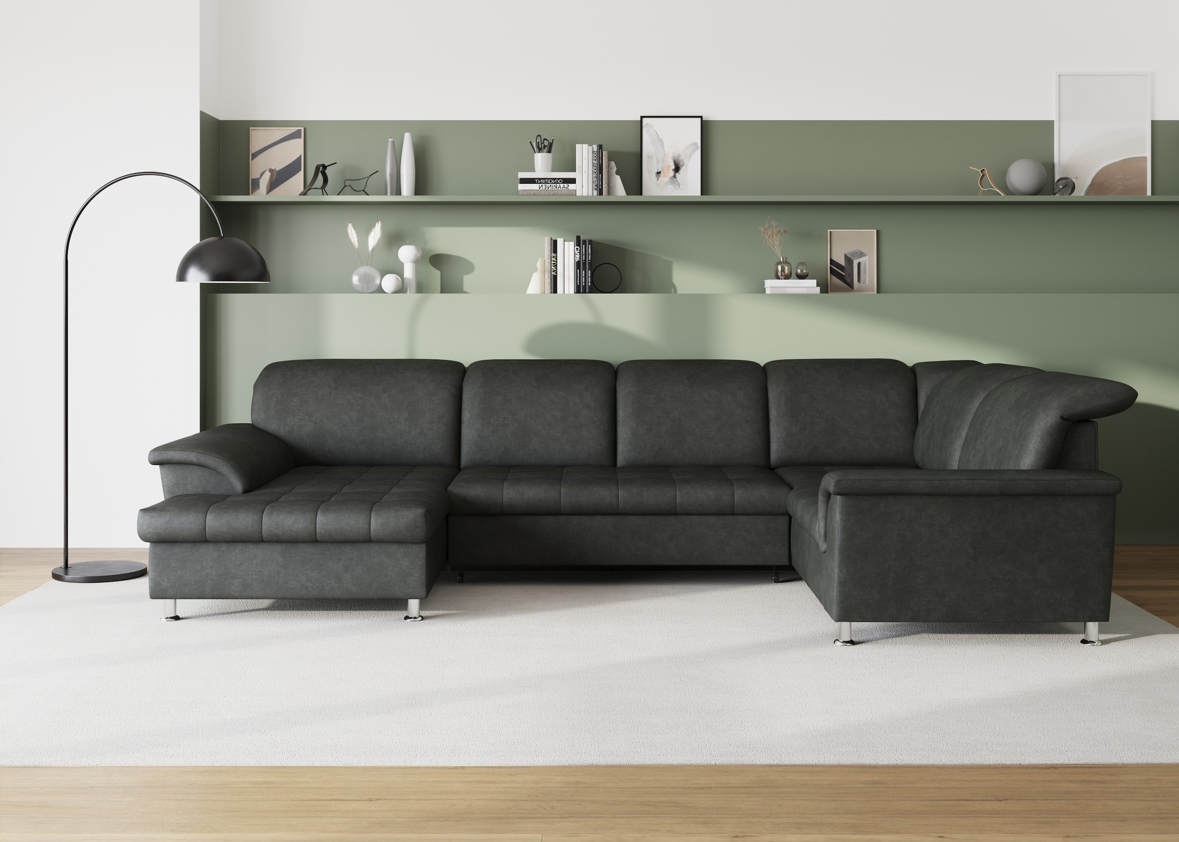 Image of DOMO collection Wohnlandschaft "FRANZI optional mit Bettfunktion, Bettkasten & Kopfteilverstellung" U-Form, Recamiere links, grau, B/T: 352/214 cm