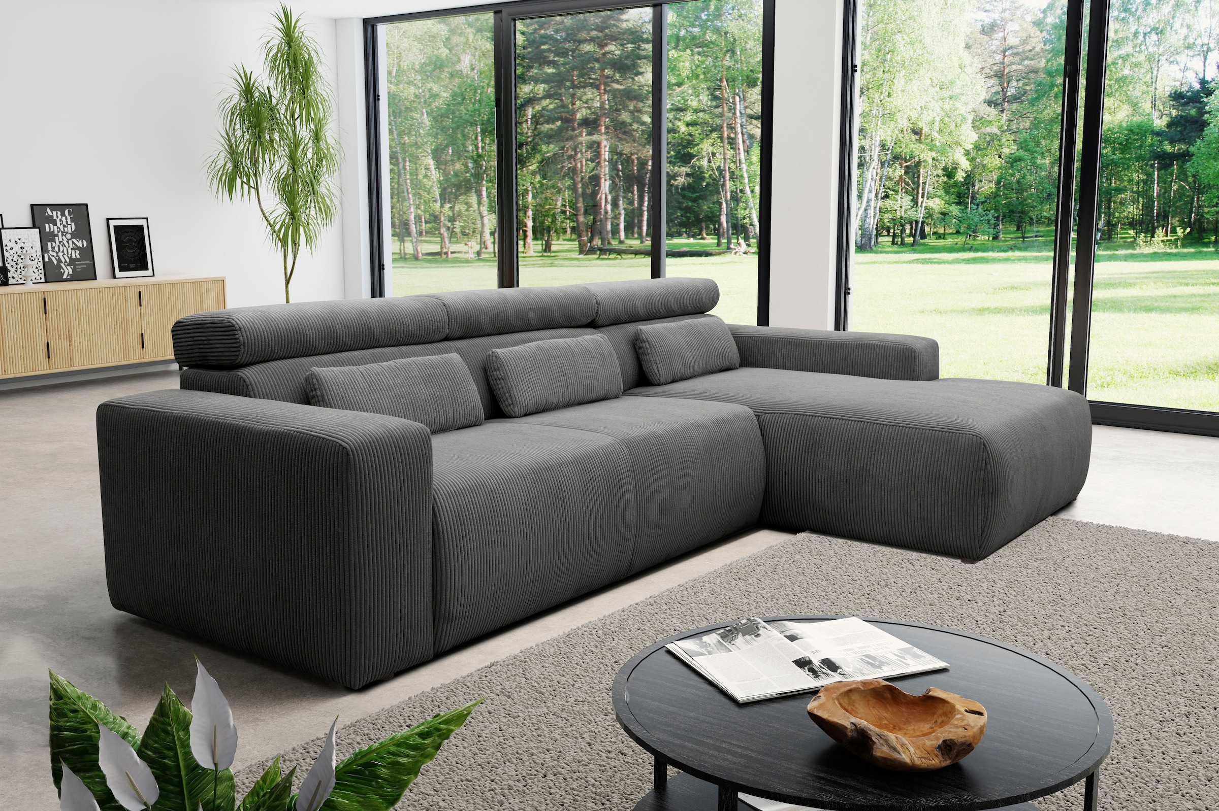 Image of DOMO collection Ecksofa "BRANDON 289x177x80 cm, whlw. mit Sitztiefenverstellung, L-Form" mit Sitztiefenverstellung, Cord, grau