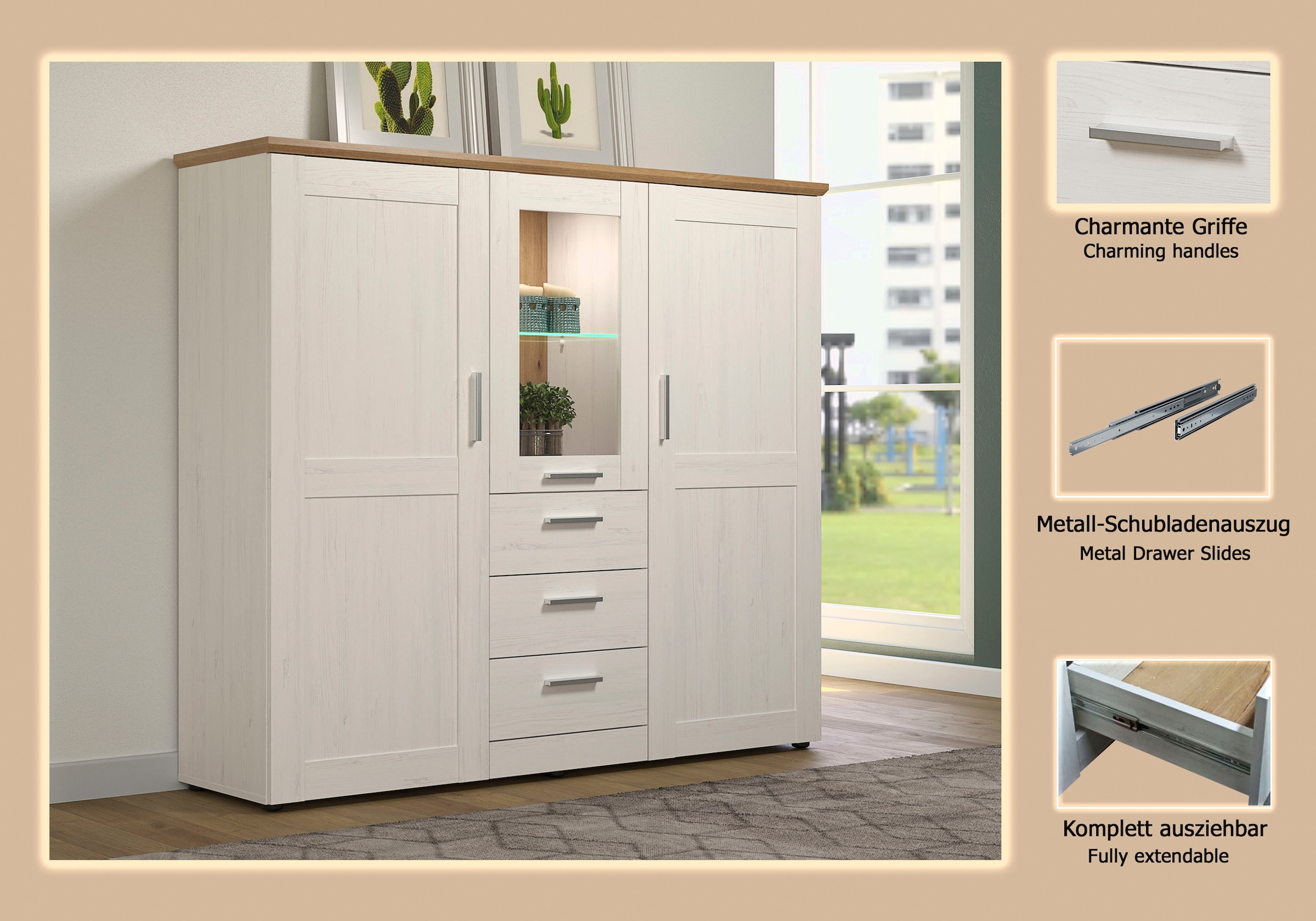 Home affaire Buffet haut »Nybro« Vitrine, wechselseitig montierbarer Türanschlag, Breite 159 cm