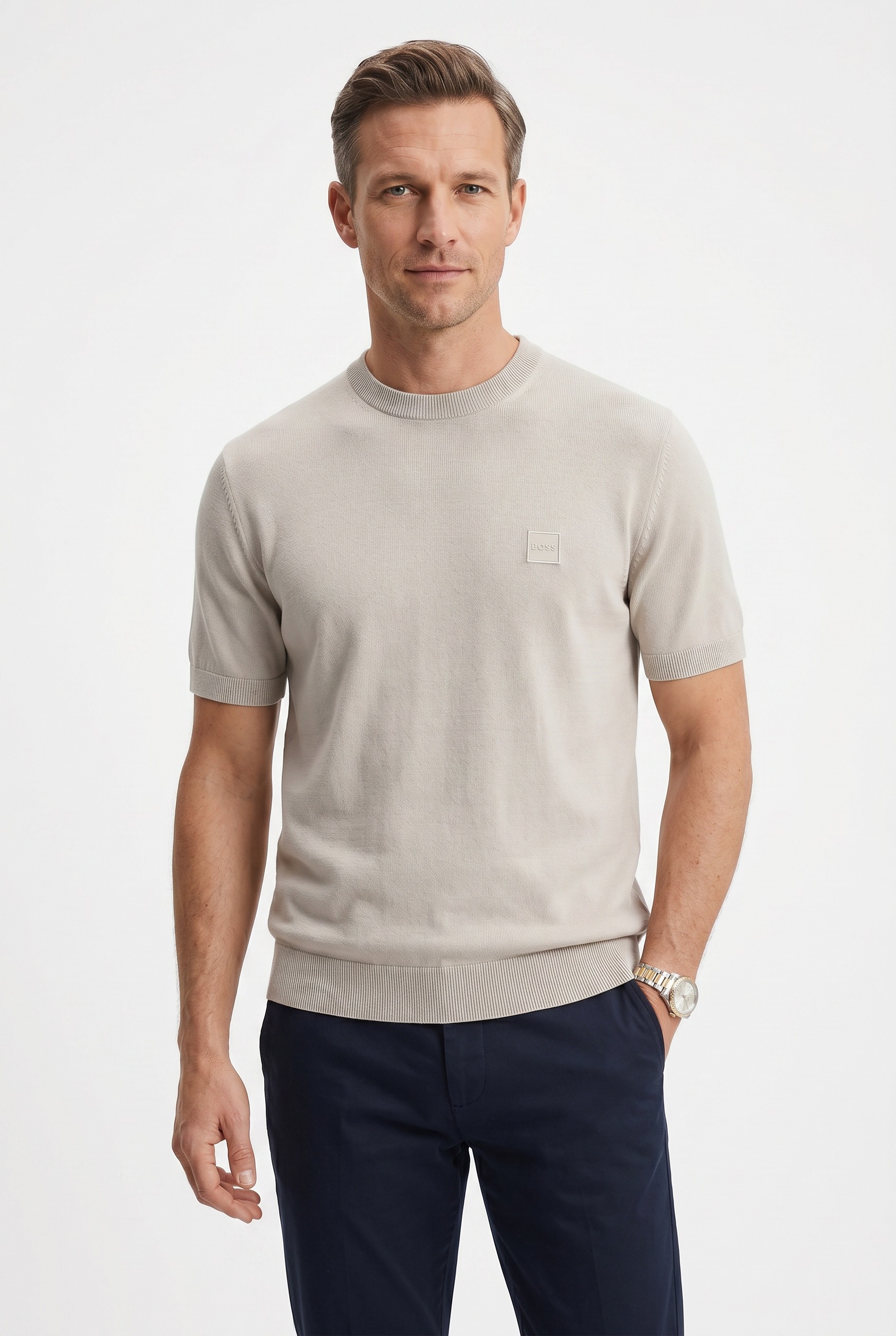 Image of BOSS ORANGE Kurzarmpullover "Kanacho" mit Kaschmir-Anteil, Rundhals