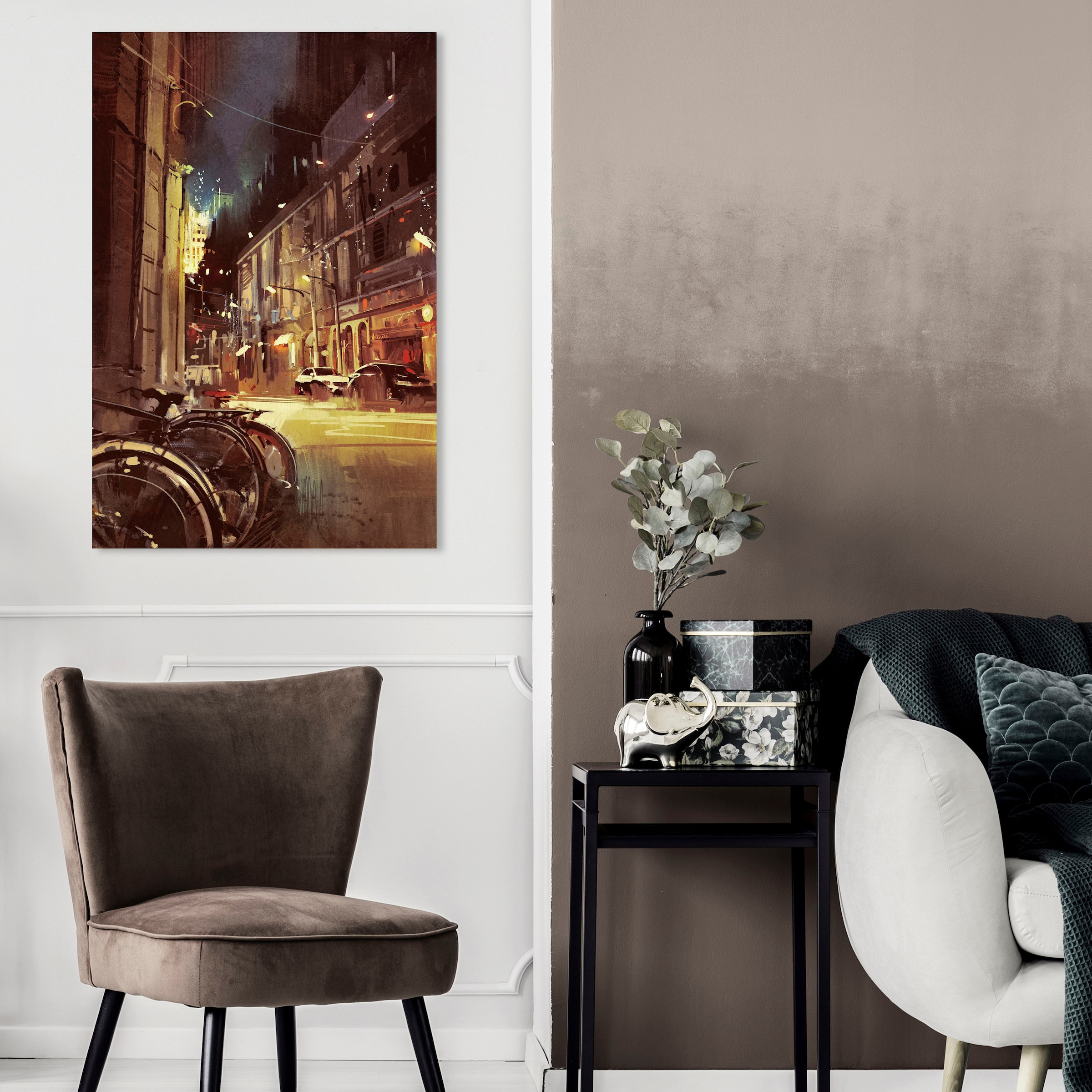 queence Leinwandbild »Stadt Fahrrad« Abstrakte | Fahrräder | Städte Premium-Leinwandstoff, Handarbeit aus Deutschland