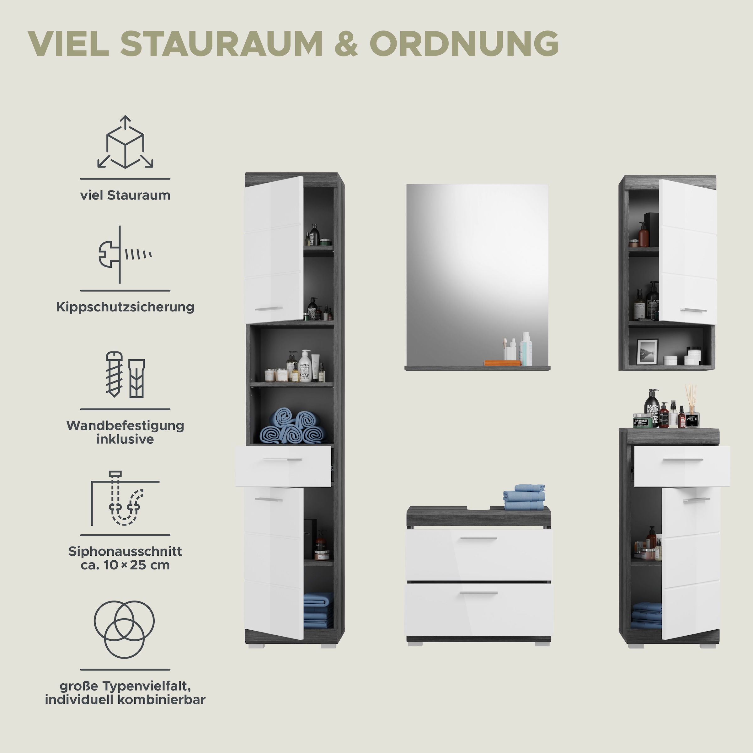 INOSIGN Badmöbel-Set »Siena, 5 teilig, bestehend aus:«, (Set, 5 St.), Hochschrank, WBU, Spiegel, Unterschrank, Hängeschrank