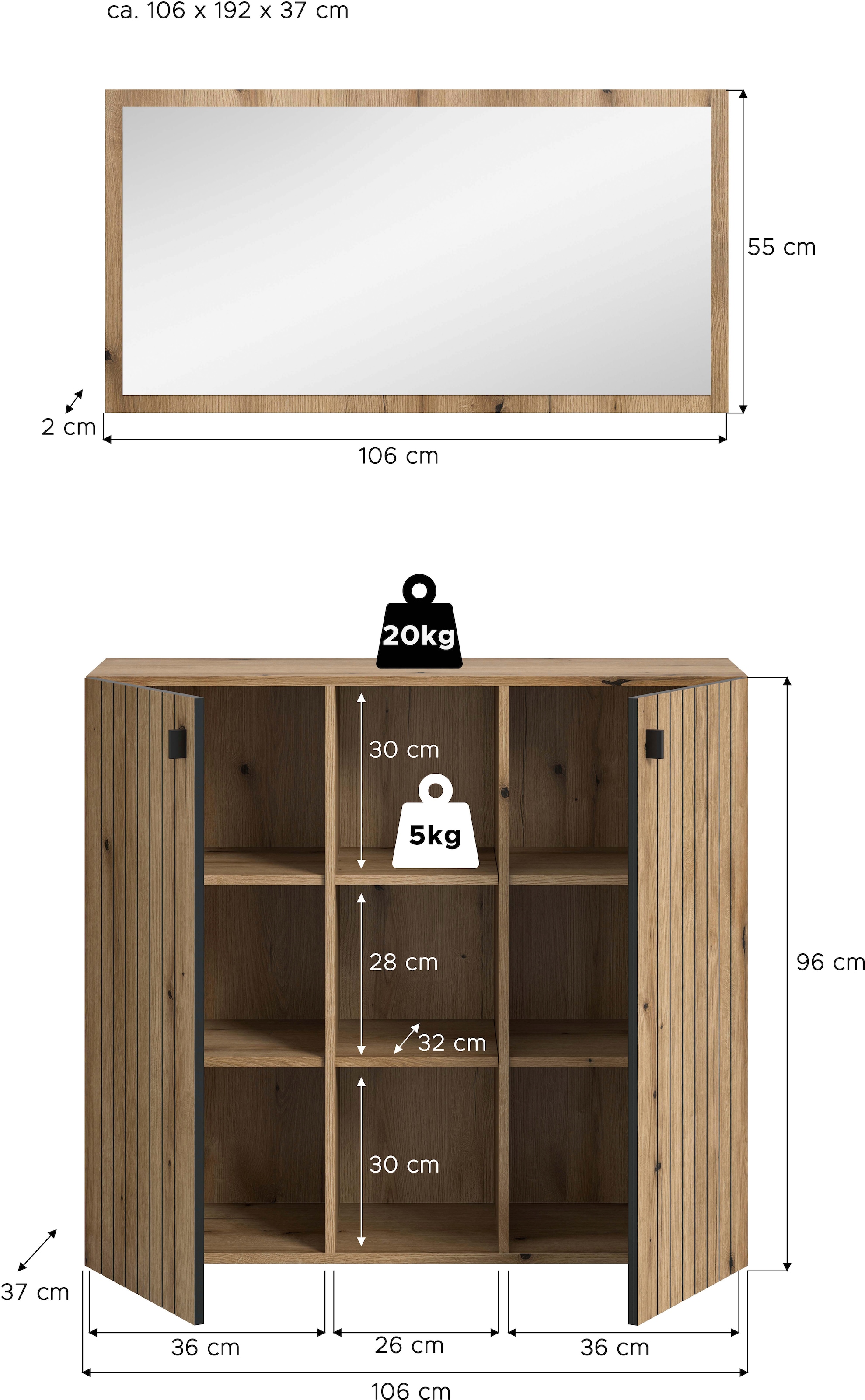 Home affaire Ensemble de vestiaires »TATIO, 2-tlg. Garderobenkombination,Breite: 106 cm, Rillenfräsung« Set, Set, best. aus: 1 Spiegel, 1 Schuhkommode, 2 cuis tlg.