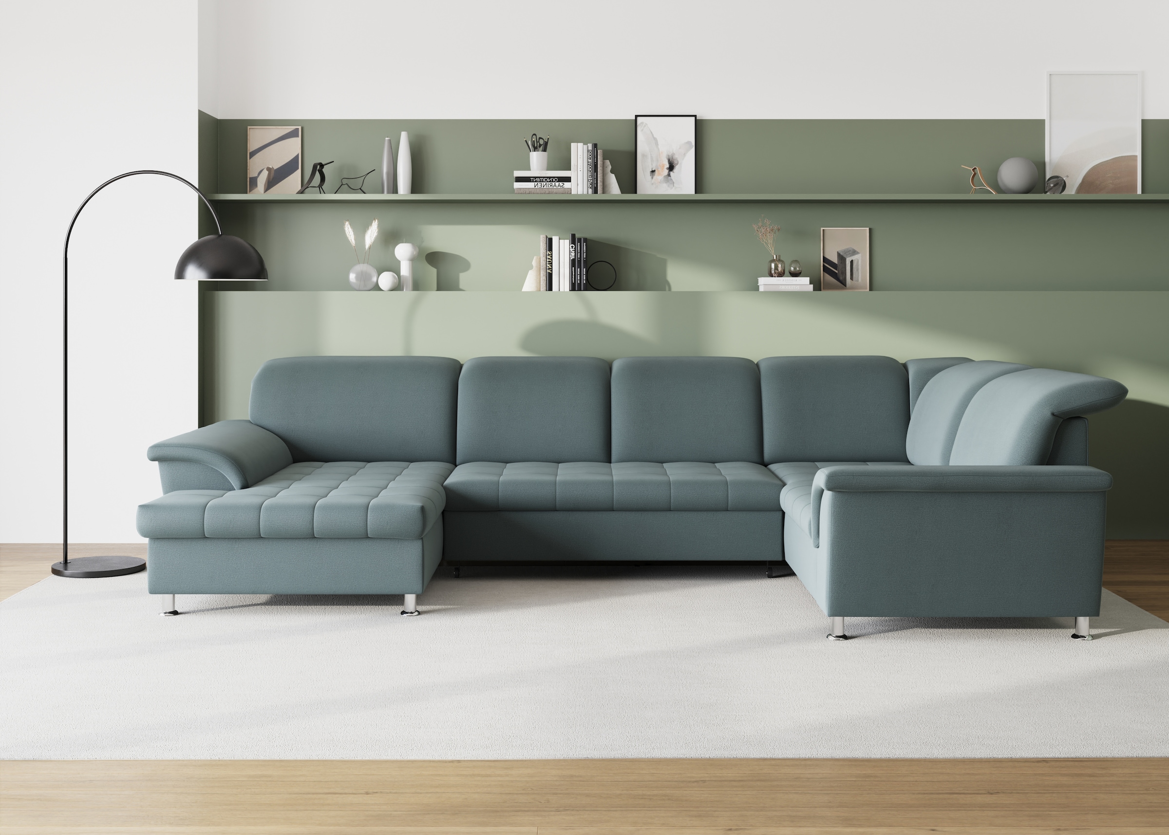Image of DOMO collection Wohnlandschaft "FRANZI optional mit Bettfunktion, Bettkasten & Kopfteilverstellung" U-Form, Recamiere links, eisblau, B/T: 352/214 cm