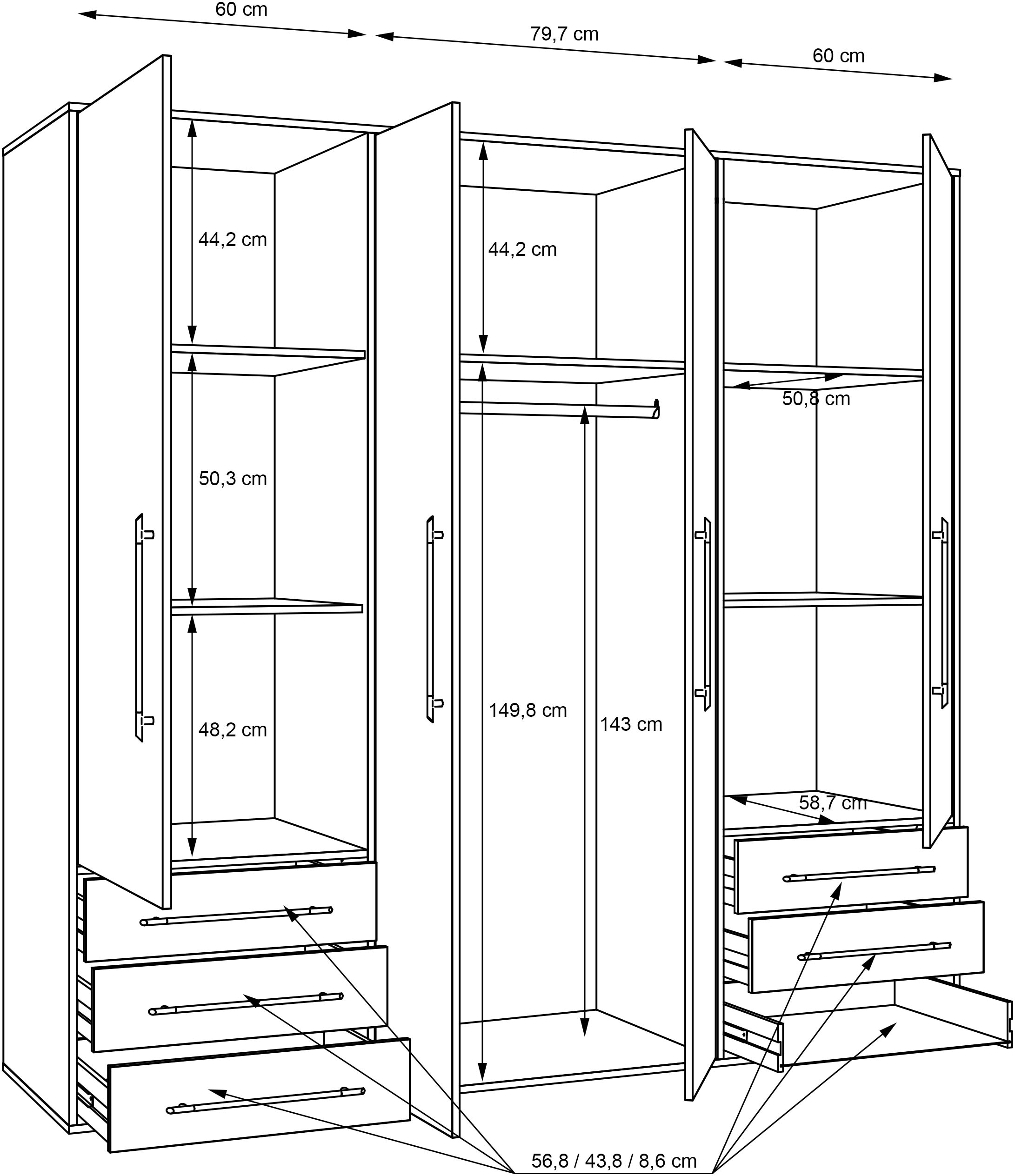 FORTE Drehtürenschrank »Mokkaro, Kleiderschrank,zeitloses Design, 4 türig« viel Stauraum, Schubladen, Stangengriffe, Made in Europe
